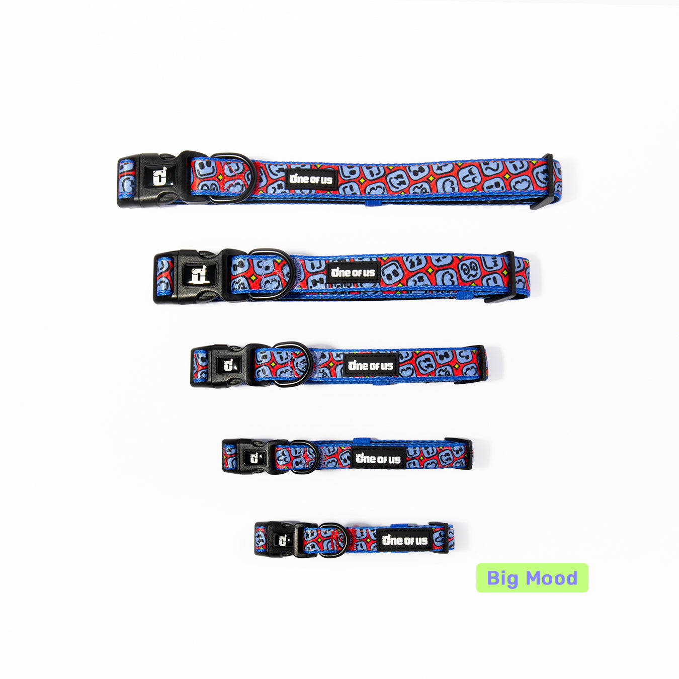 Big Mood dog collar shown in all sizes XS through XL