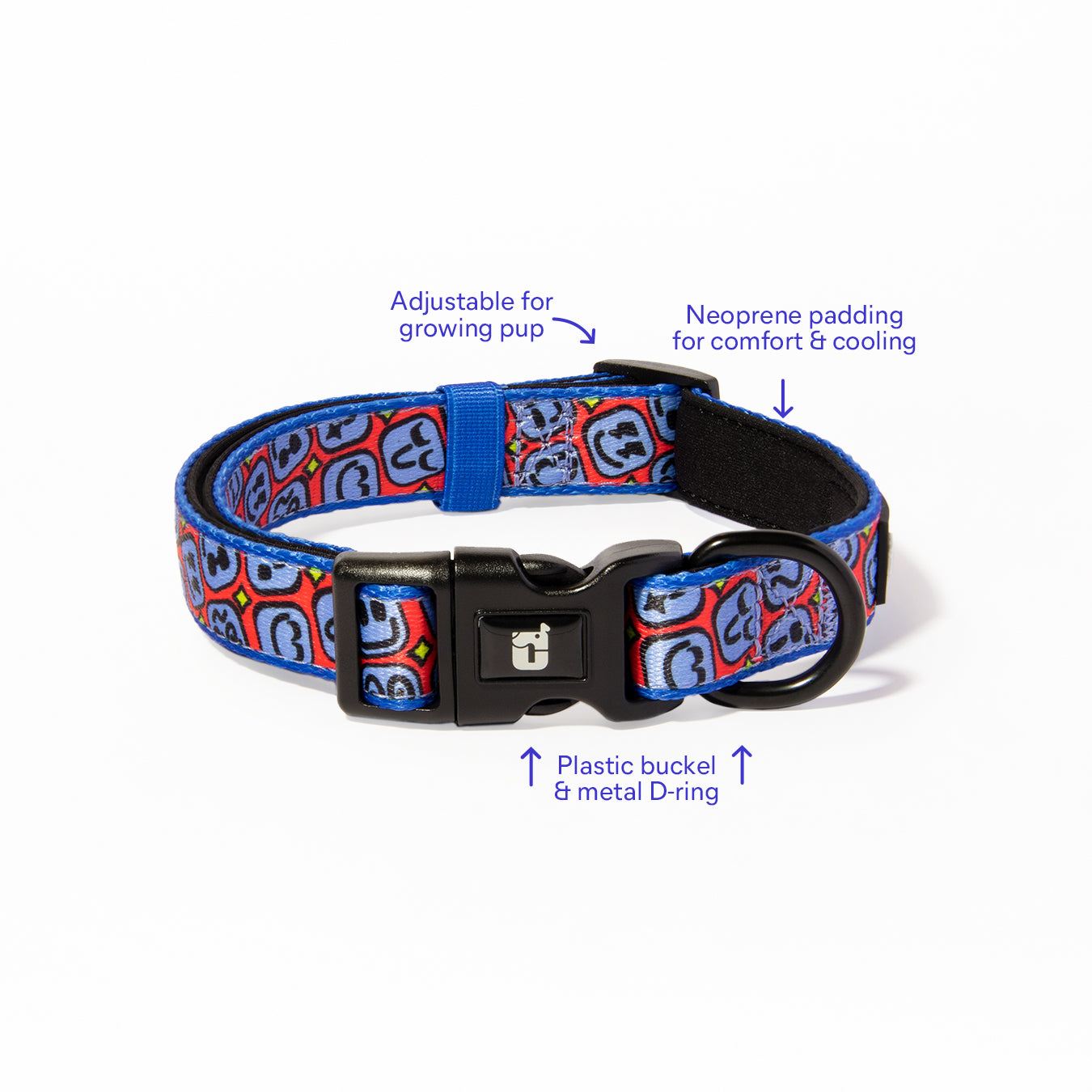 Big Mood dog collar front view, red and blue happy face print