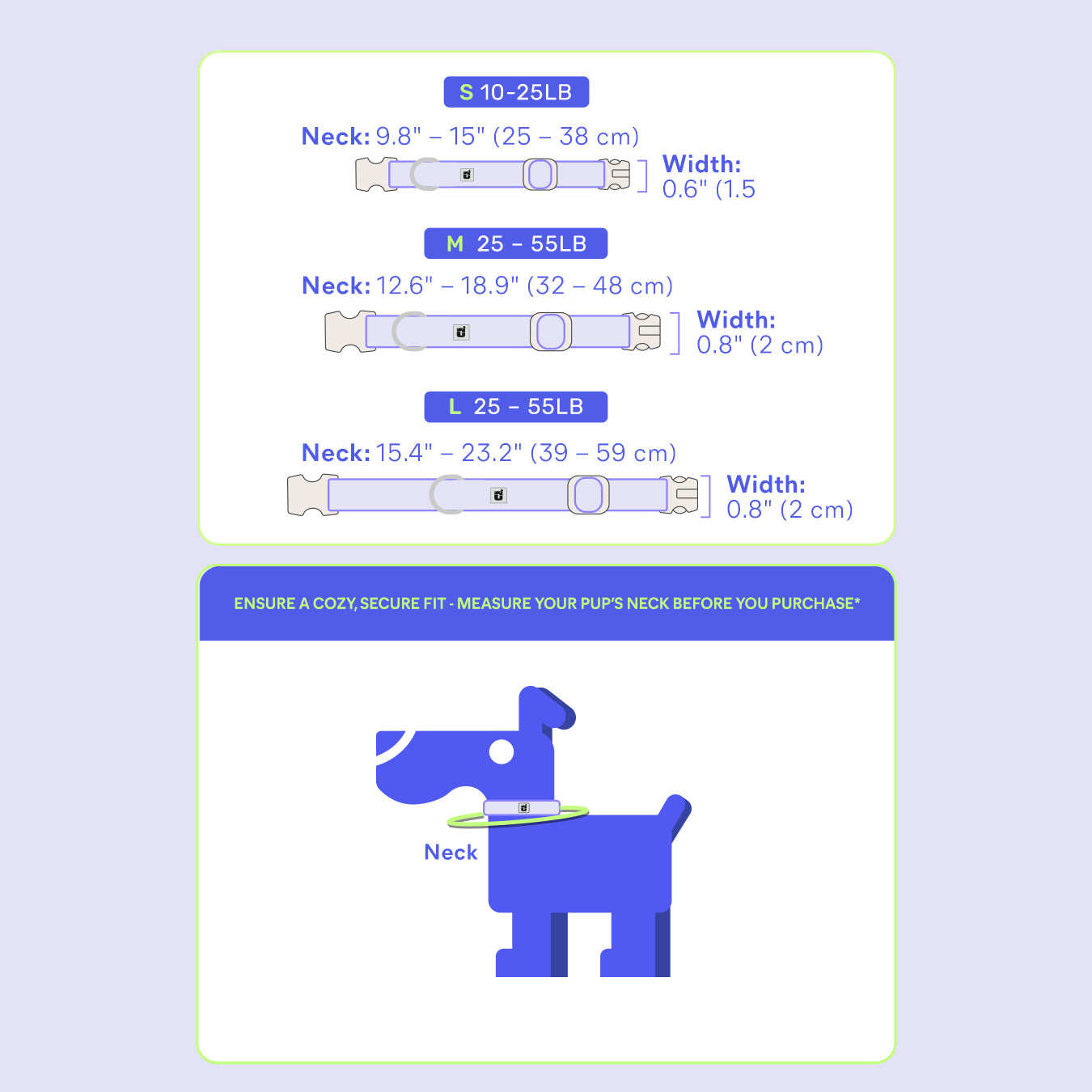 Dog collar and harness size guide for S, M, and L