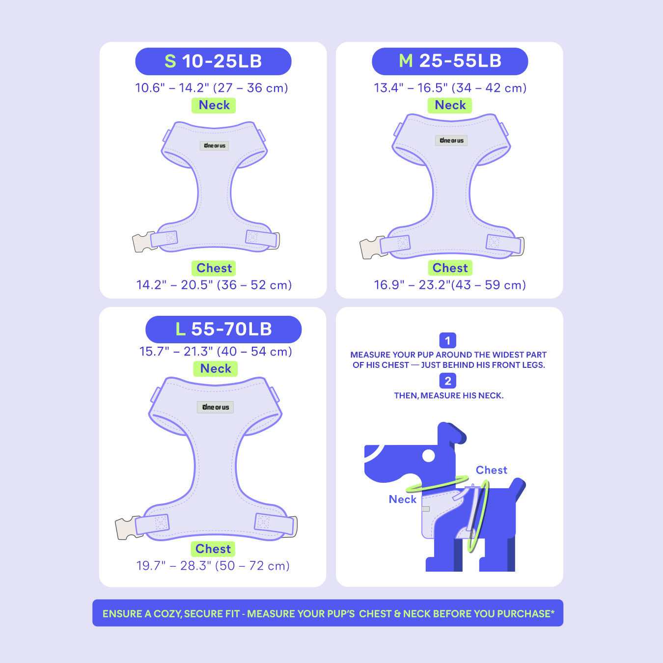 Dog harness size guide for S, M, and L sizing