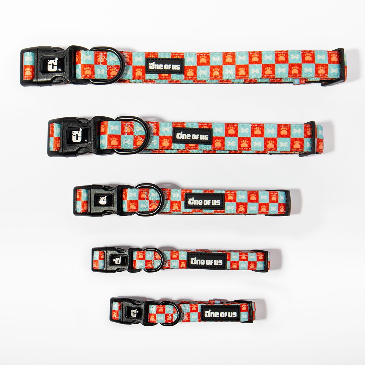 ORANGE AND GREEN CHECKERED DOG COLLAR WITH BLACK HARDWARE, SIZE COMPARISON XS - XL