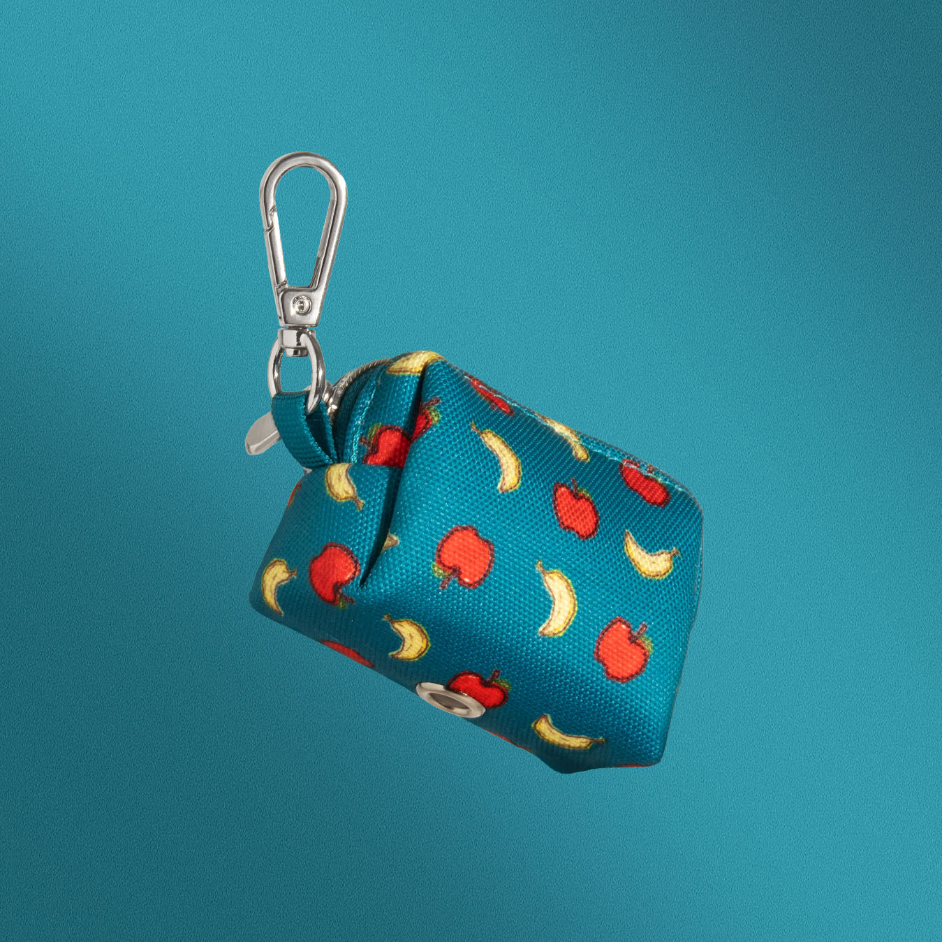 Banapples waste bag holder detail showing silver carabiner clip