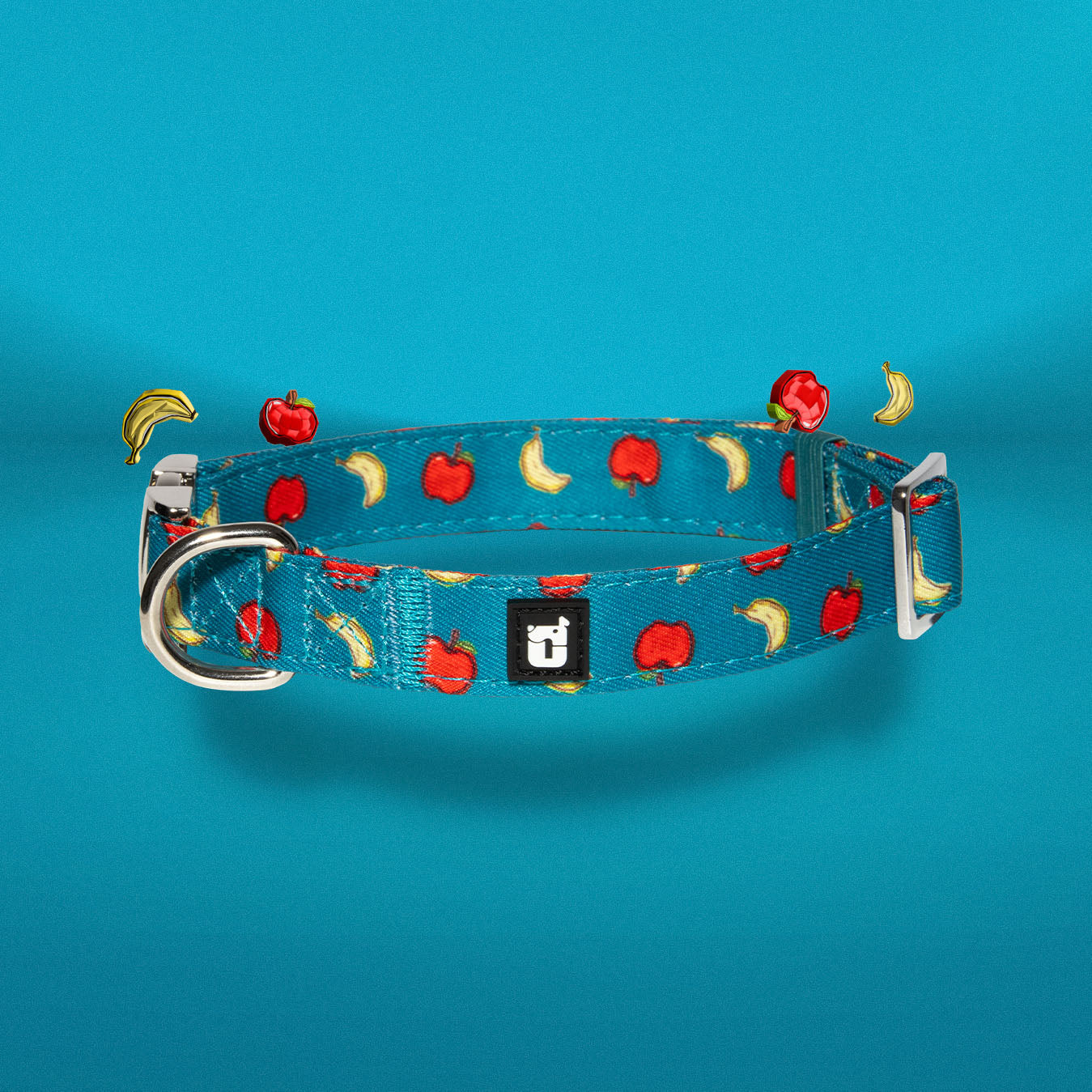 Banapples dog collar showing One of Us logo tag