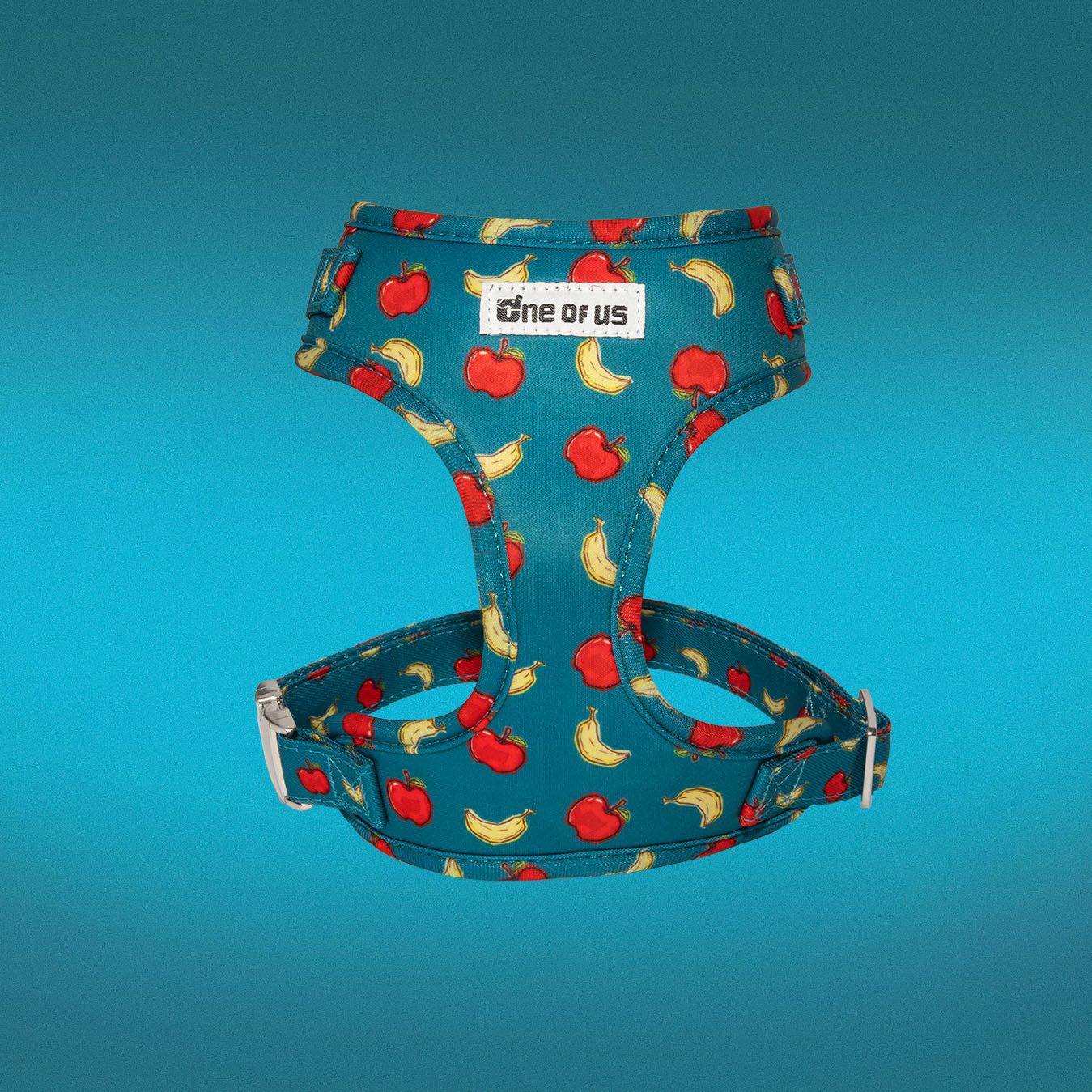 Banapples dog harness detail showing teal apple and banana print and D-ring