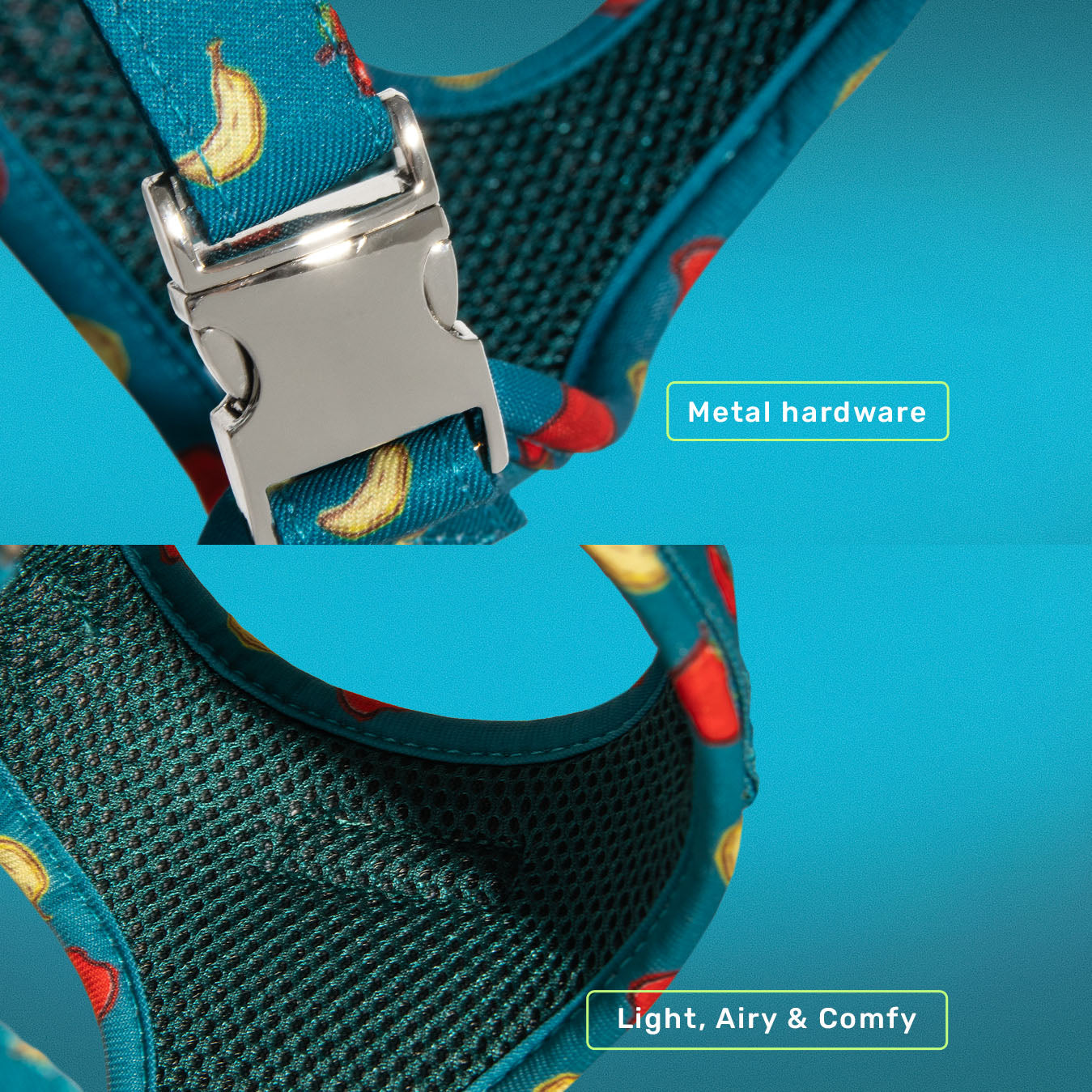 Banapples dog harness laid flat showing full design and buckles