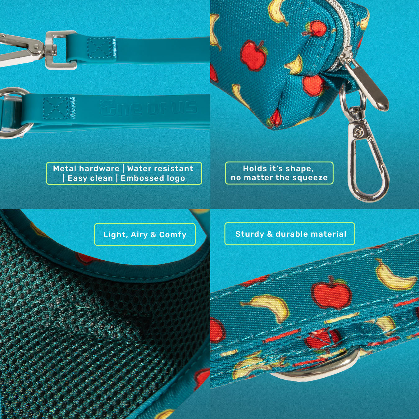 Banapples dog harness alternate view showing teal apple and banana print