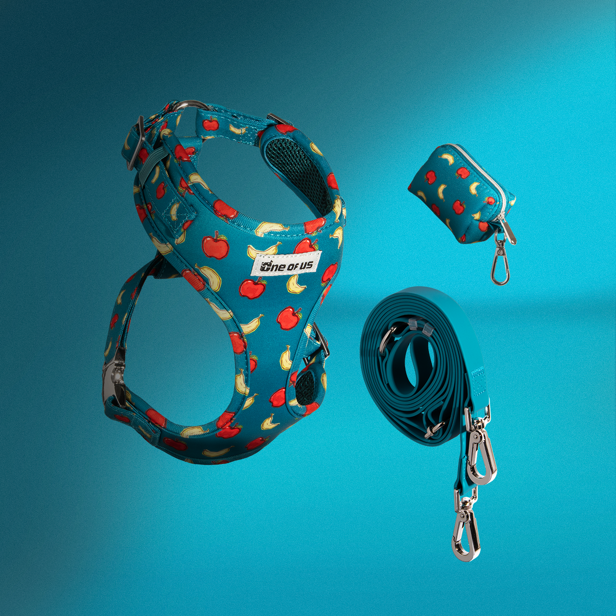 Banapples 3-piece dog walking bundle — harness, waste bag holder and hands-free leash in teal apple and banana print
