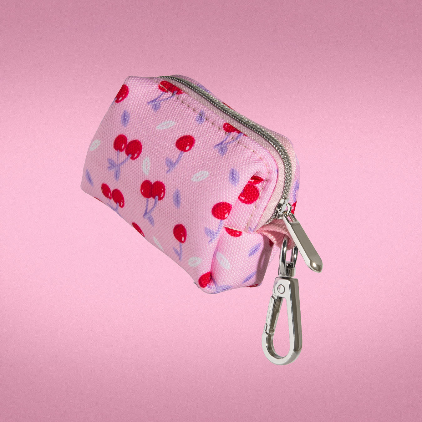 Cherry Crush waste bag holder in baby pink with cherry print