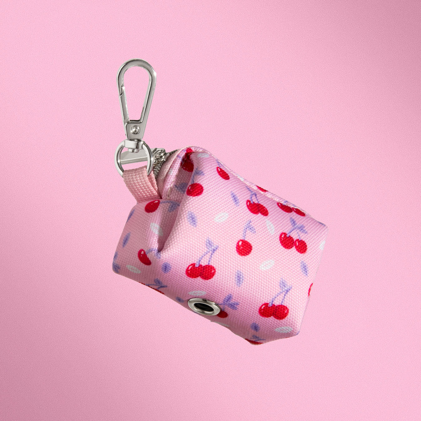 Cherry Crush waste bag holder detail showing silver carabiner clip