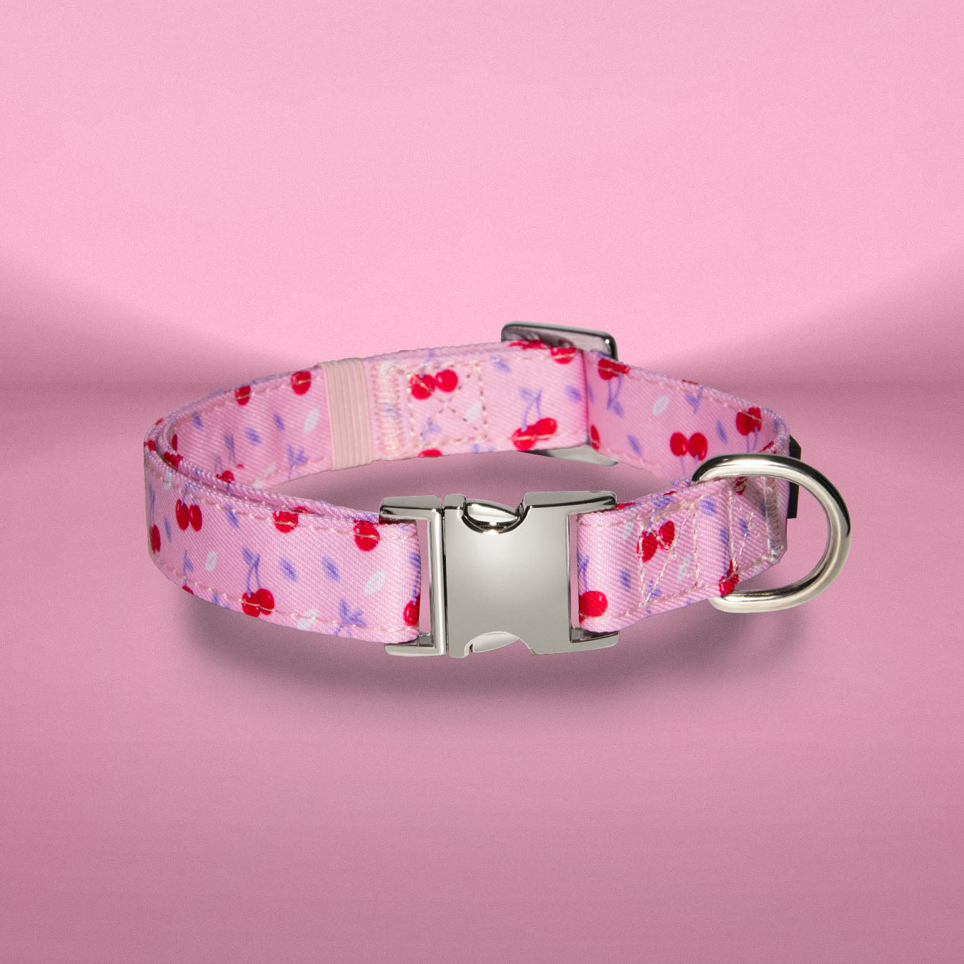 Cherry Crush dog collar in baby pink with cherry print, buckle detail