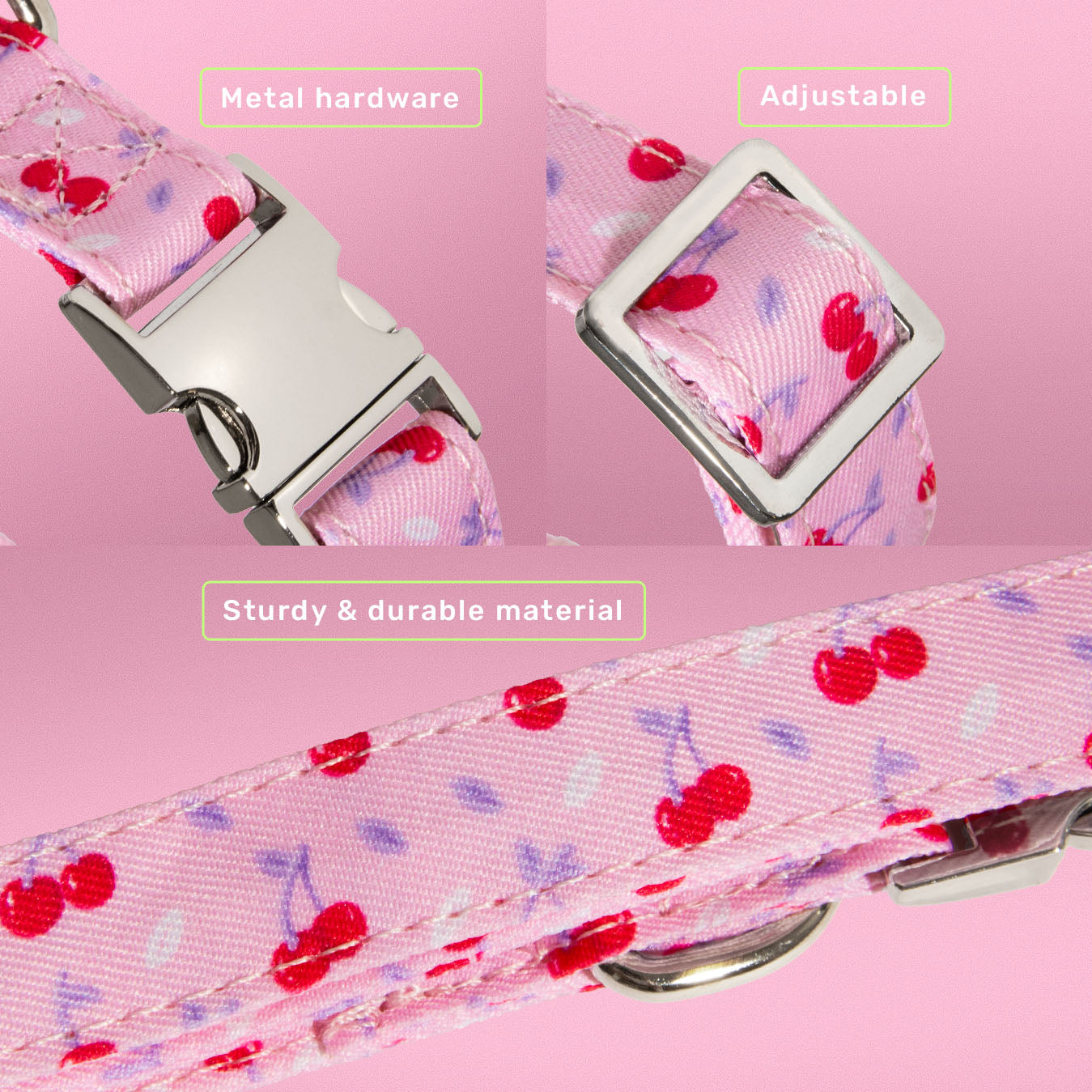 Cherry Crush dog collar close-up showing baby pink cherry print