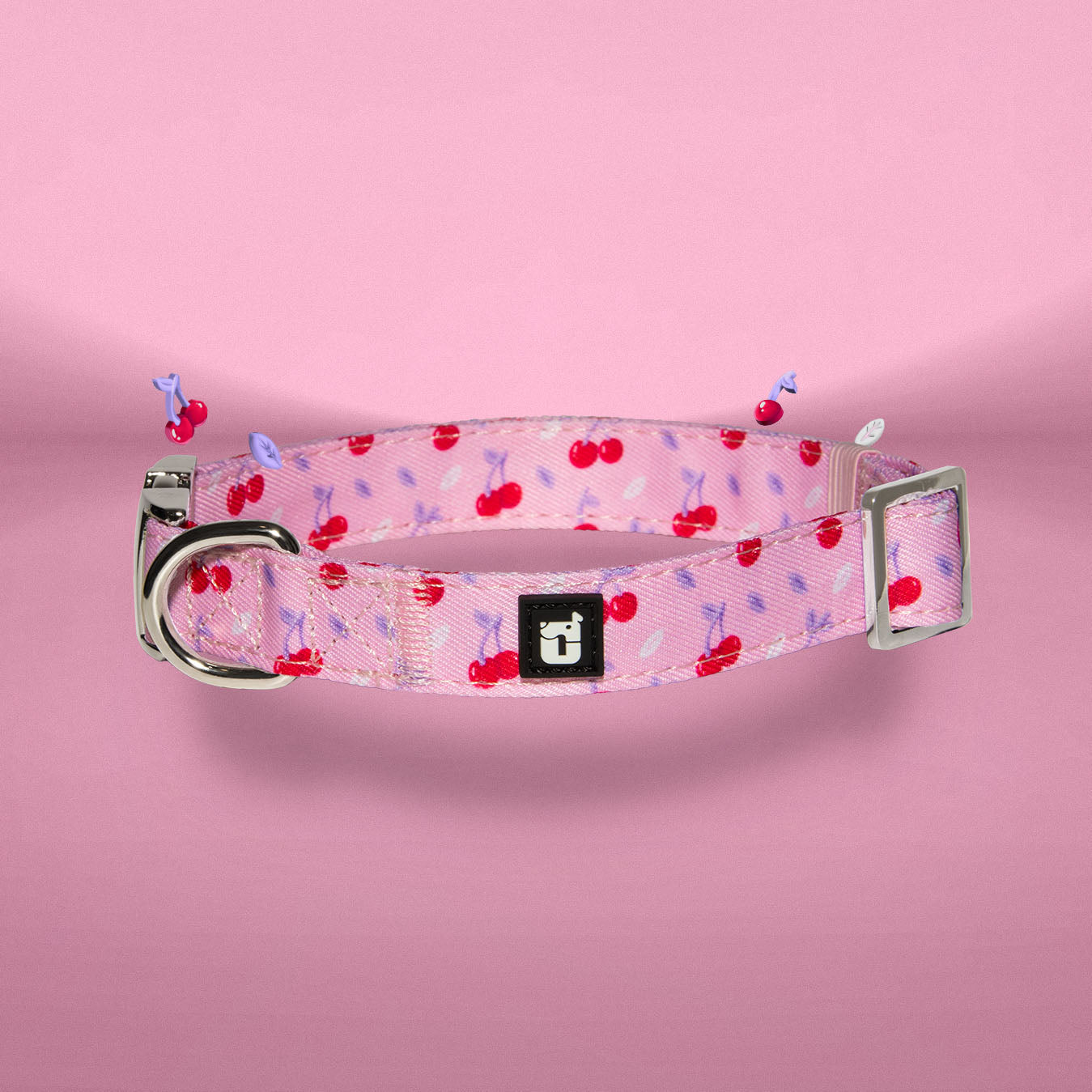 Cherry Crush dog collar showing One of Us logo tag