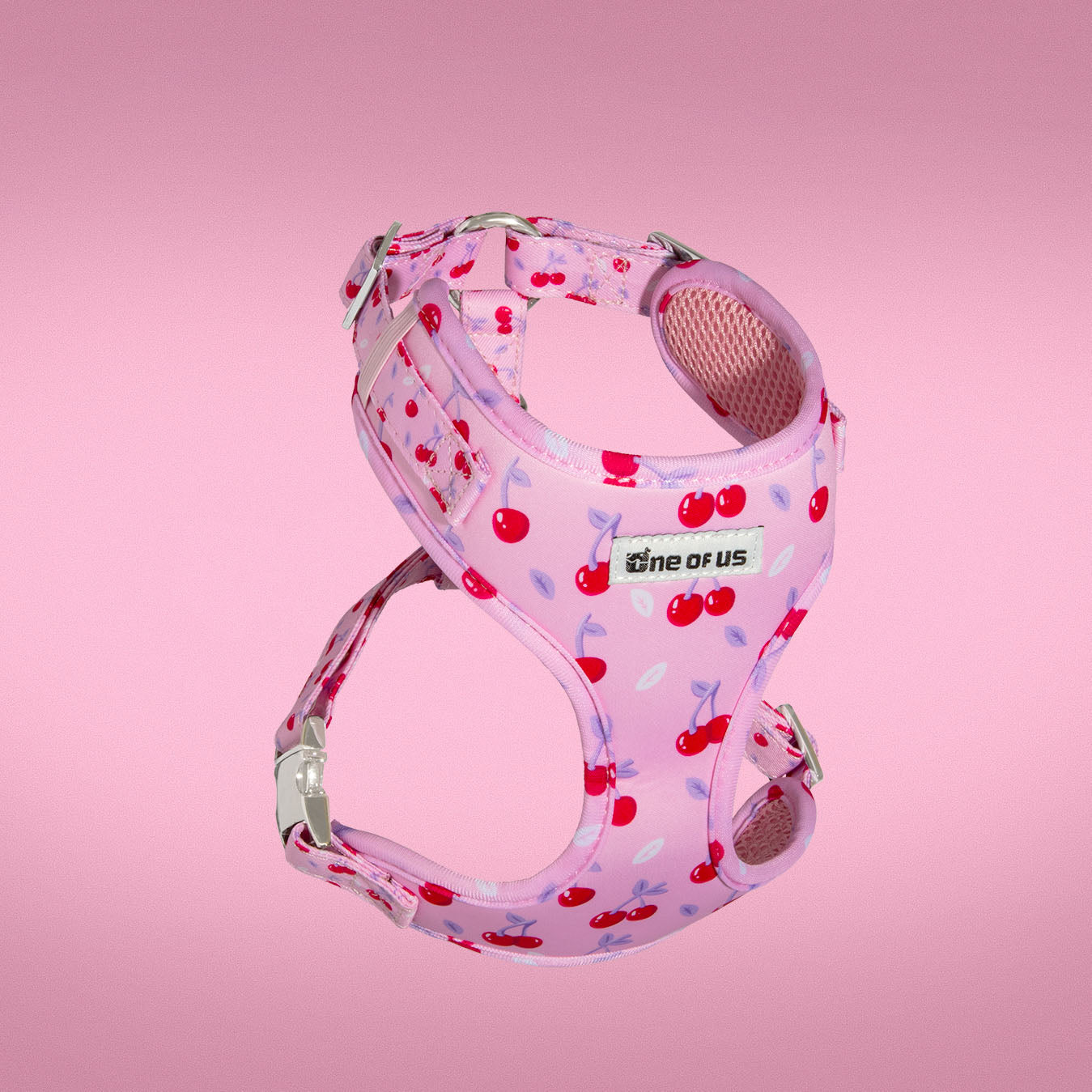 Cherry Crush dog harness in baby pink with cherry print, front view
