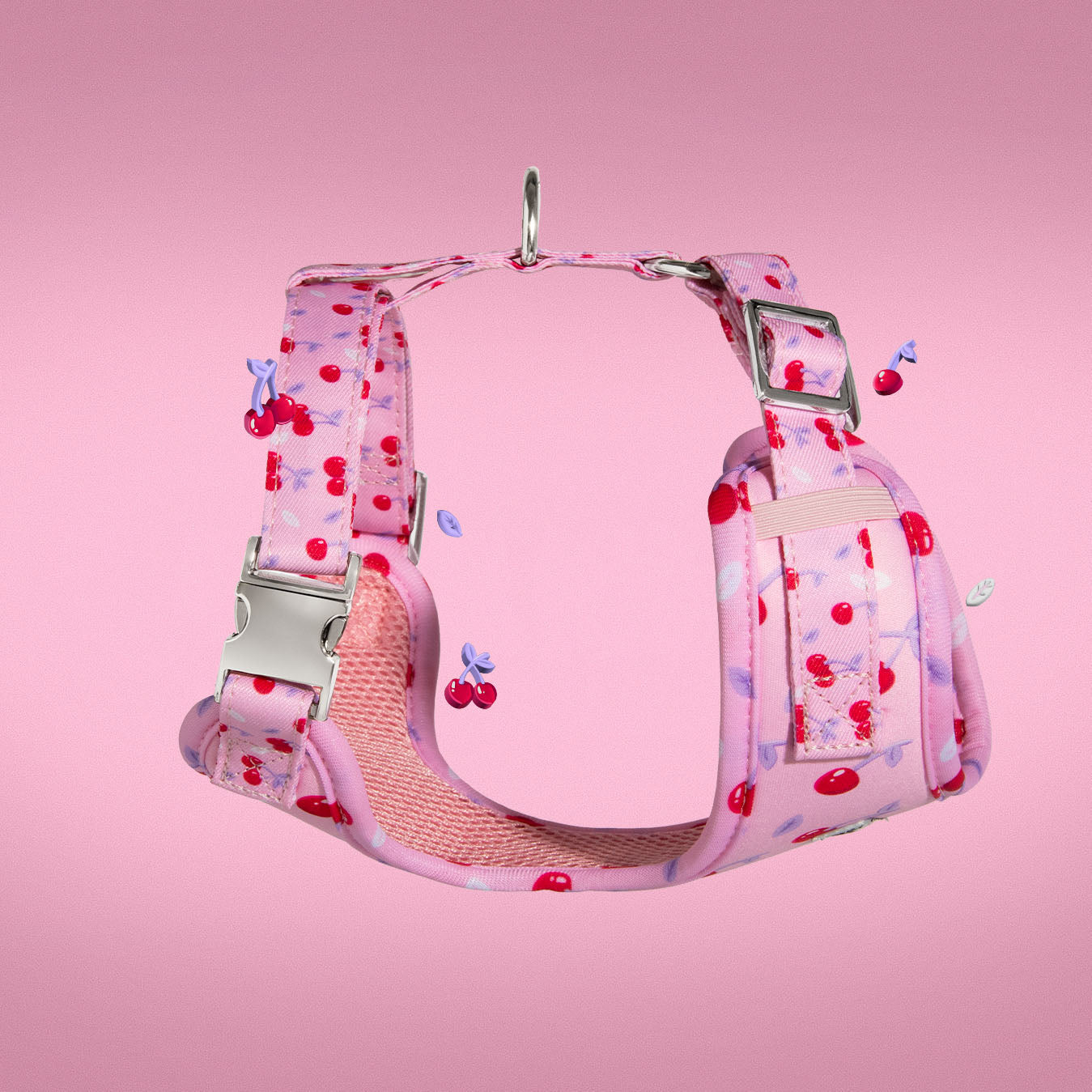 Cherry Crush dog harness showing adjustable chest strap and hardware