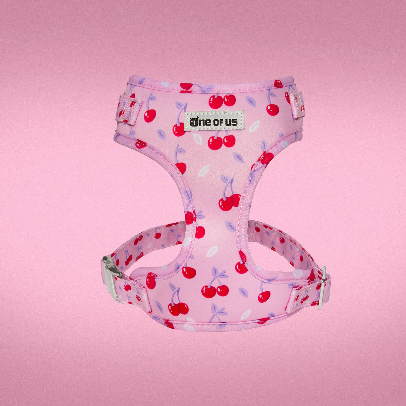 Cherry Crush dog harness detail showing baby pink cherry print and D-ring