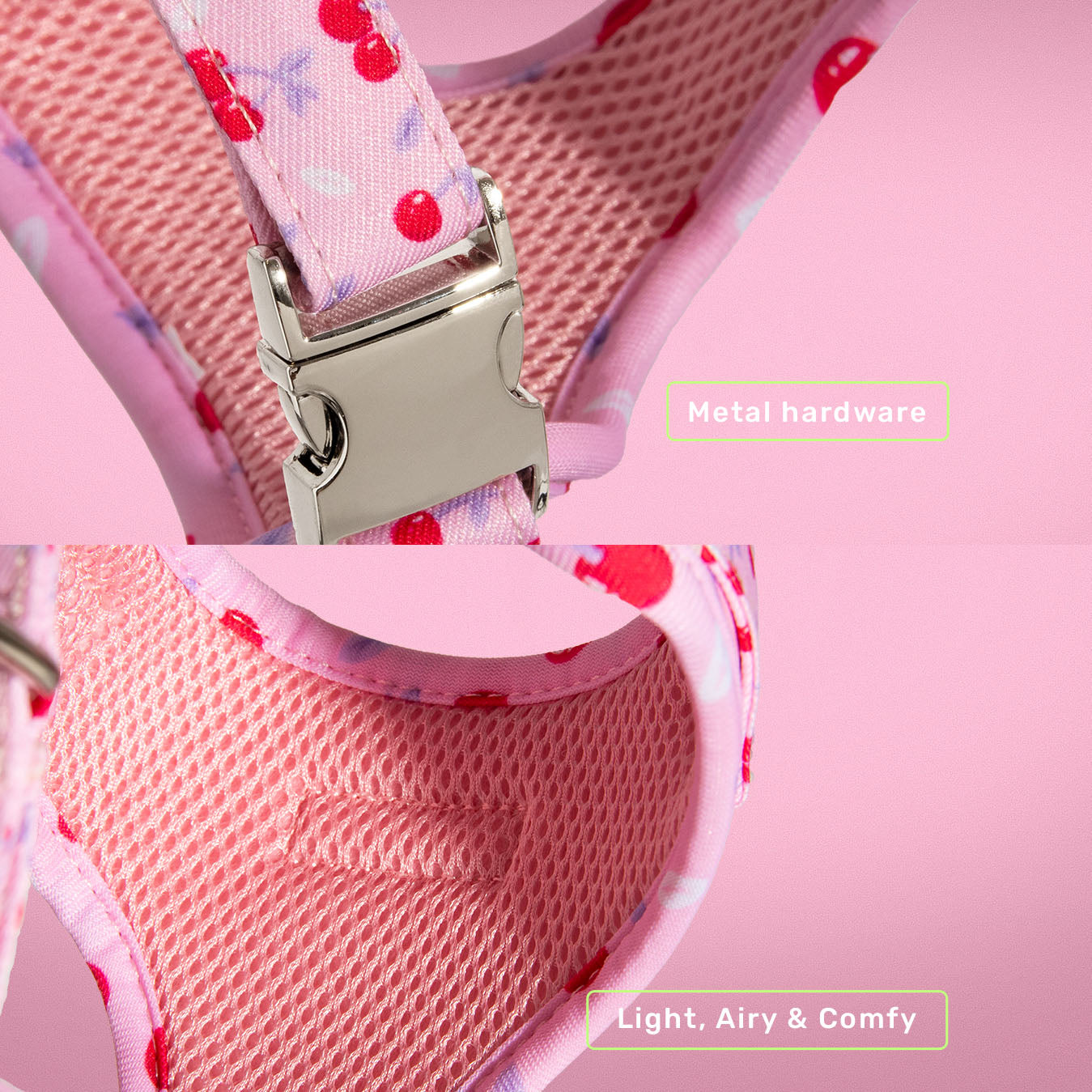 Cherry Crush dog harness laid flat showing full design and buckles