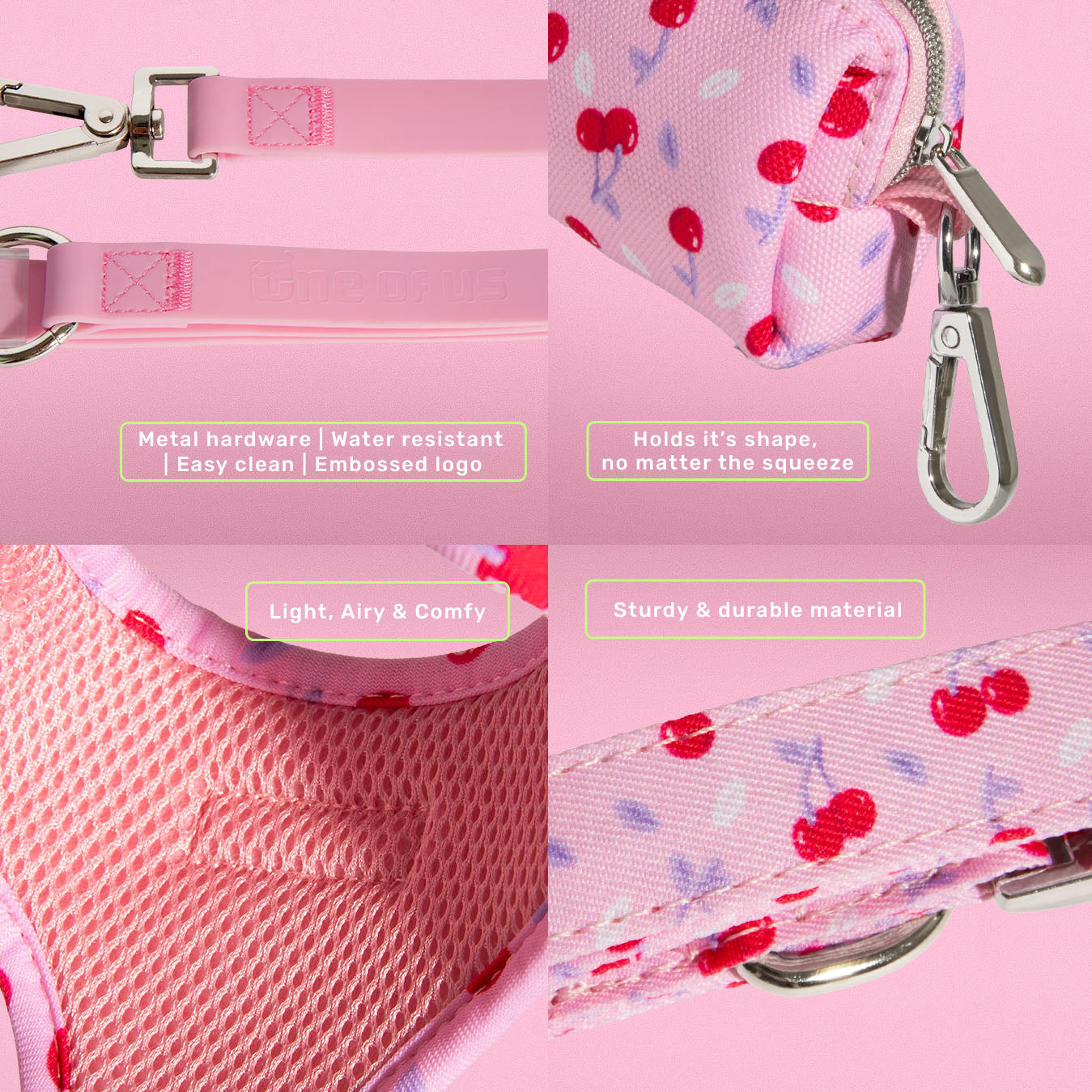 Cherry Crush dog harness in baby pink cherry print, additional view