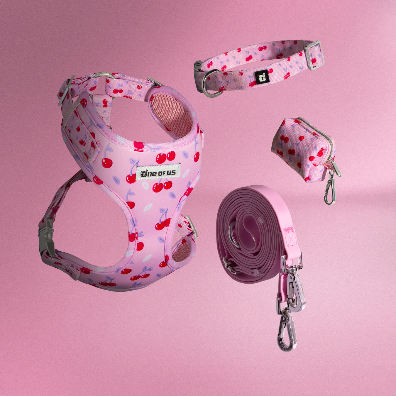 Cherry Crush 4-piece dog walking set in baby pink cherry print