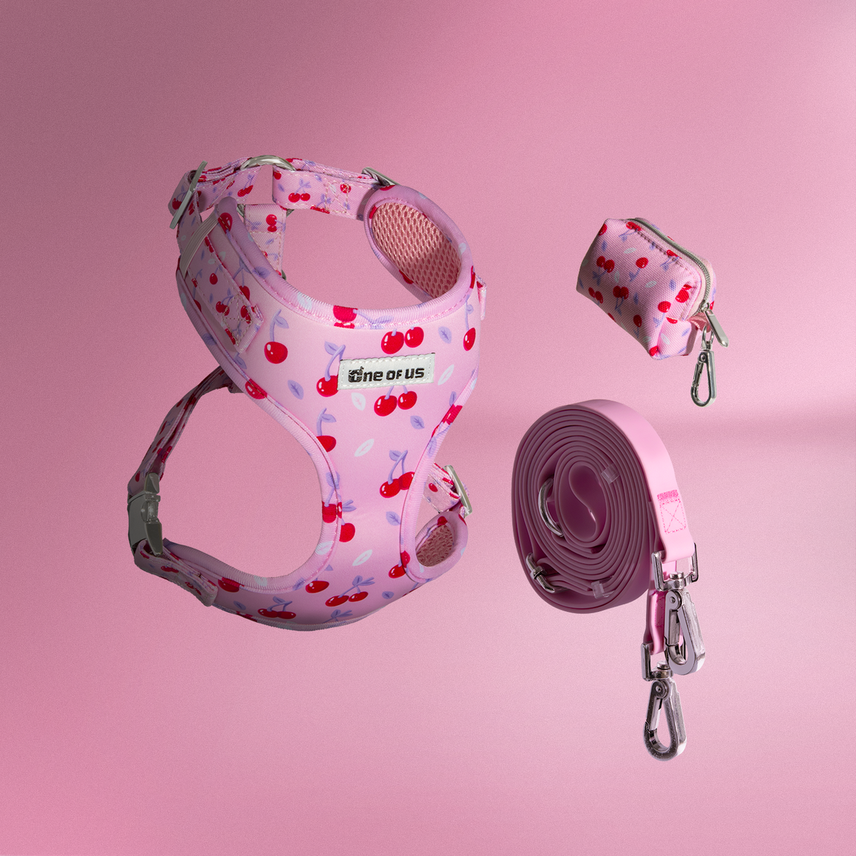 Cherry Crush 3-piece dog walking bundle — harness, waste bag holder and hands-free leash in baby pink with red cherry print