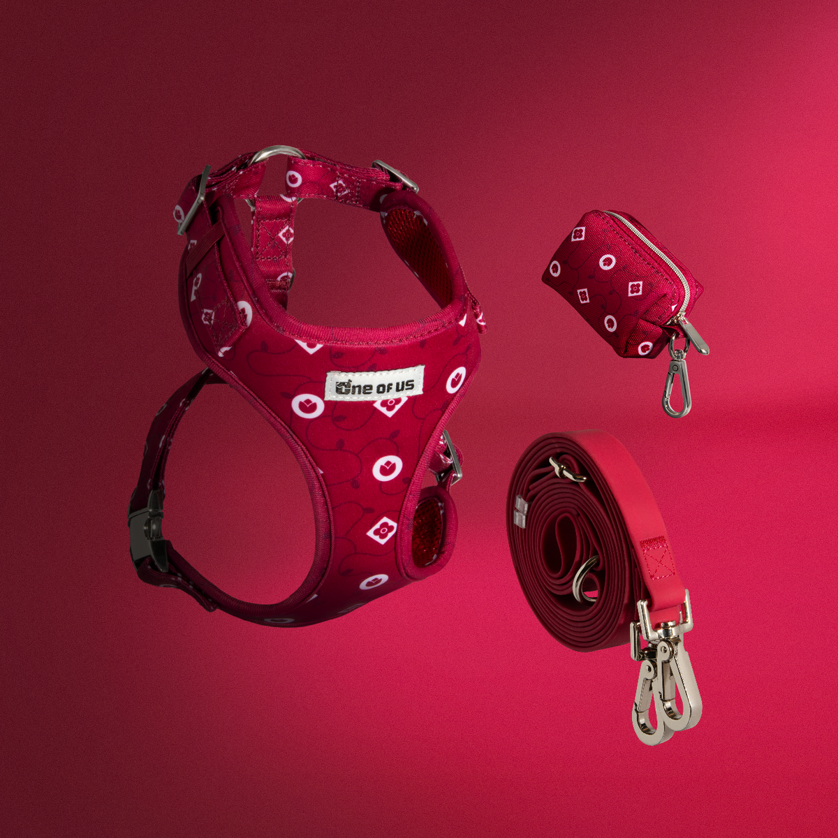 Dandy Dame 3-piece dog walking bundle — harness, waste bag holder and hands-free leash in deep crimson monogram print