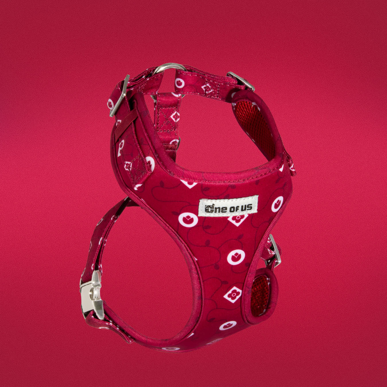 Dandy Dame dog harness in deep crimson with white monogram motifs, front view