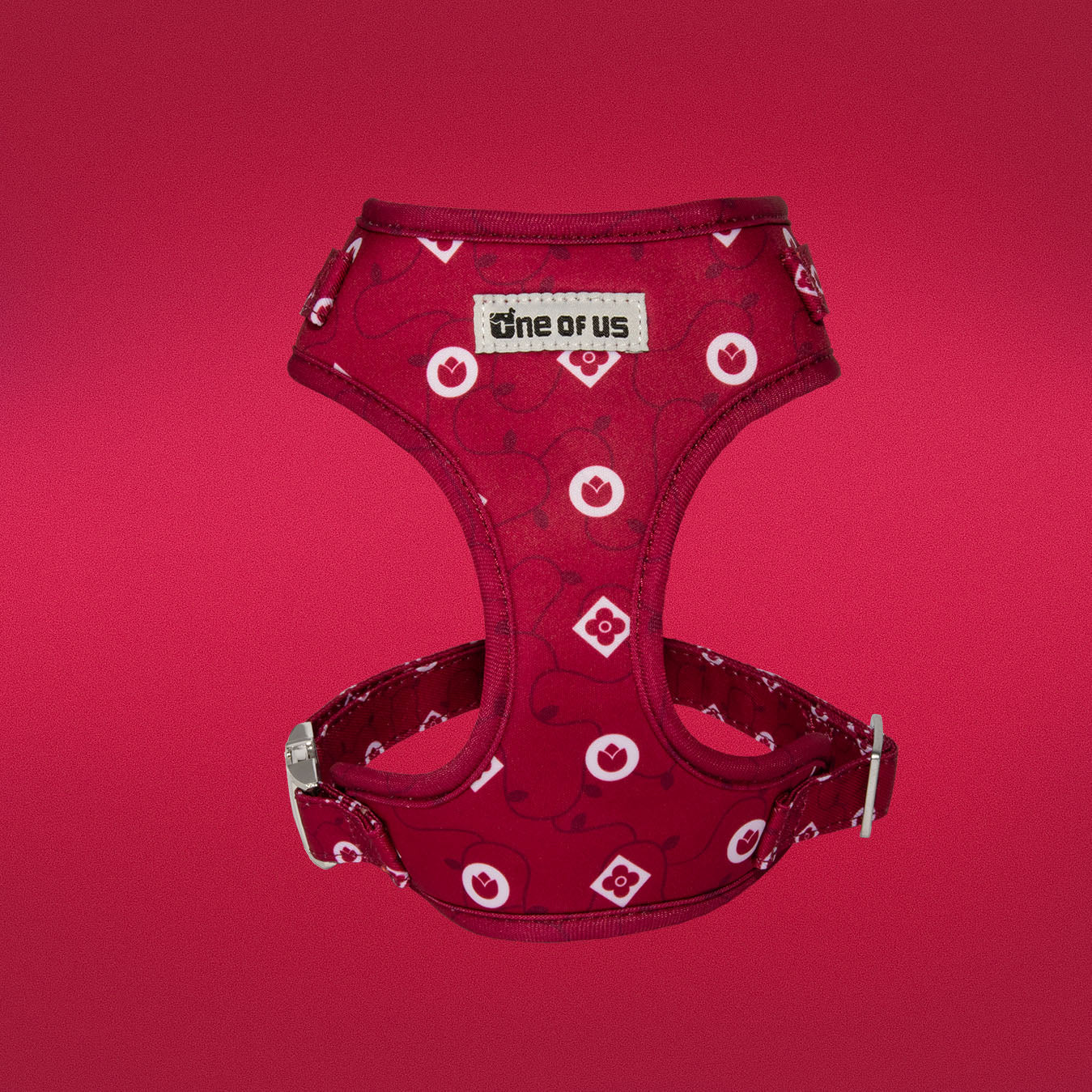 Dandy Dame dog harness close-up showing monogram print pattern