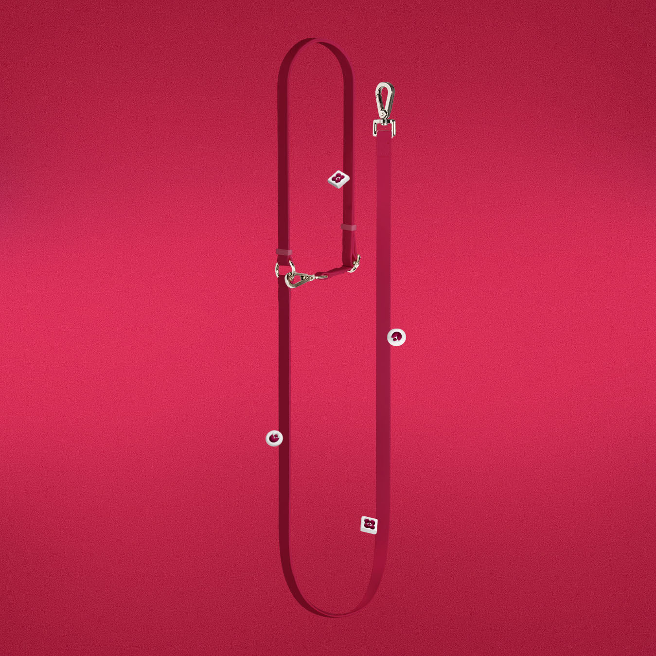 Dandy Dame leash in deep crimson monogram print, full length view