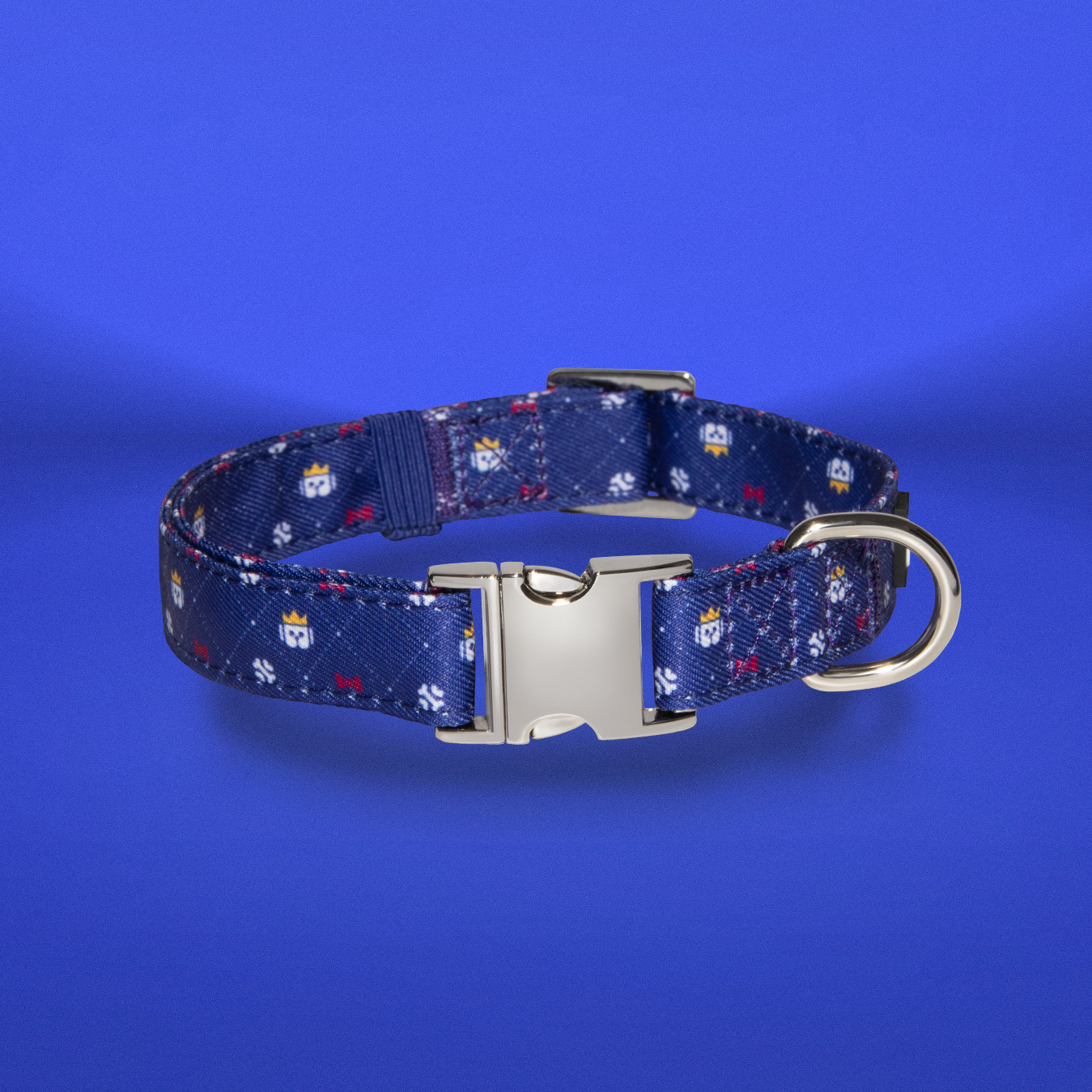 Dapper Dude dog collar in navy with crown print, buckle detail