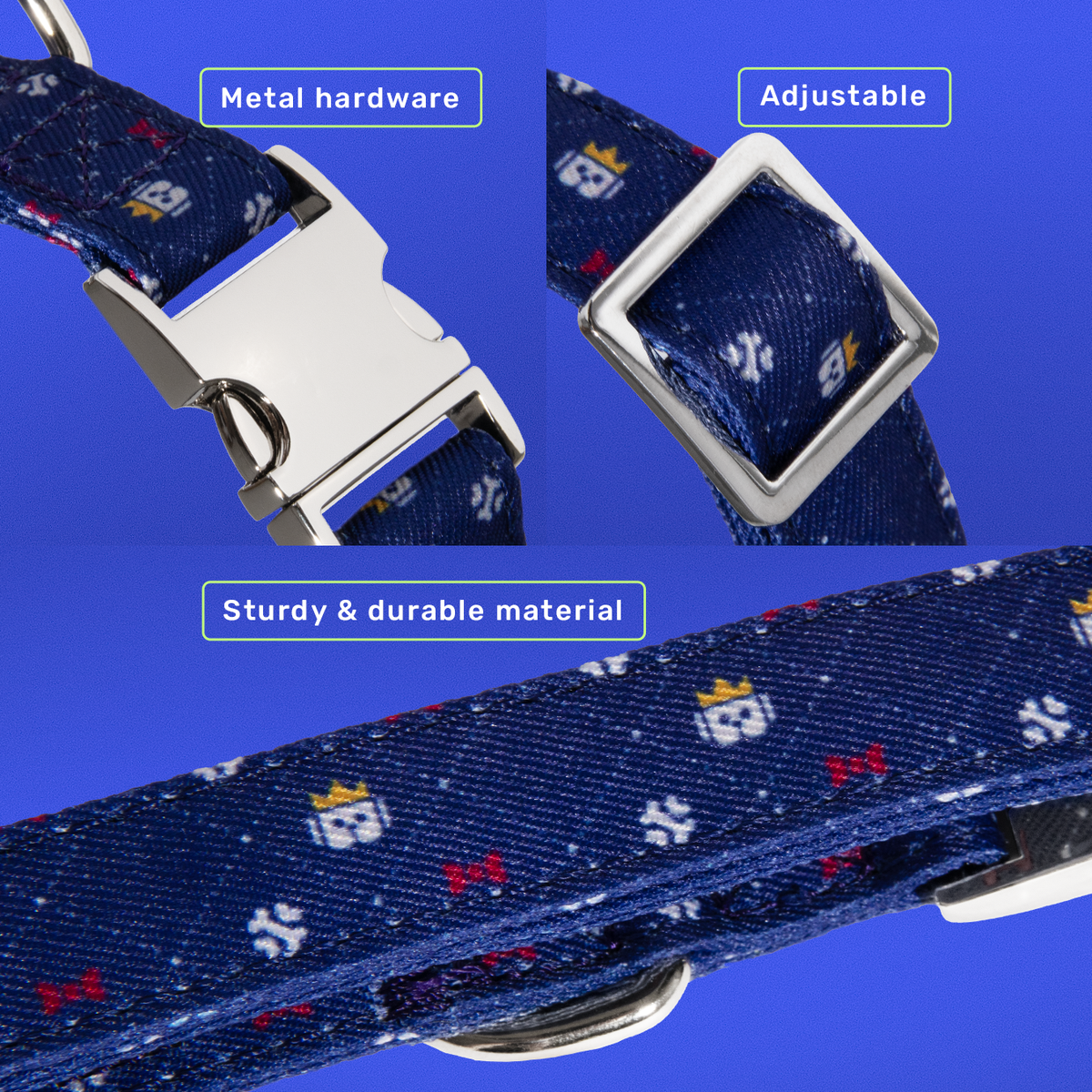 Dapper Dude dog collar close-up showing navy crown print