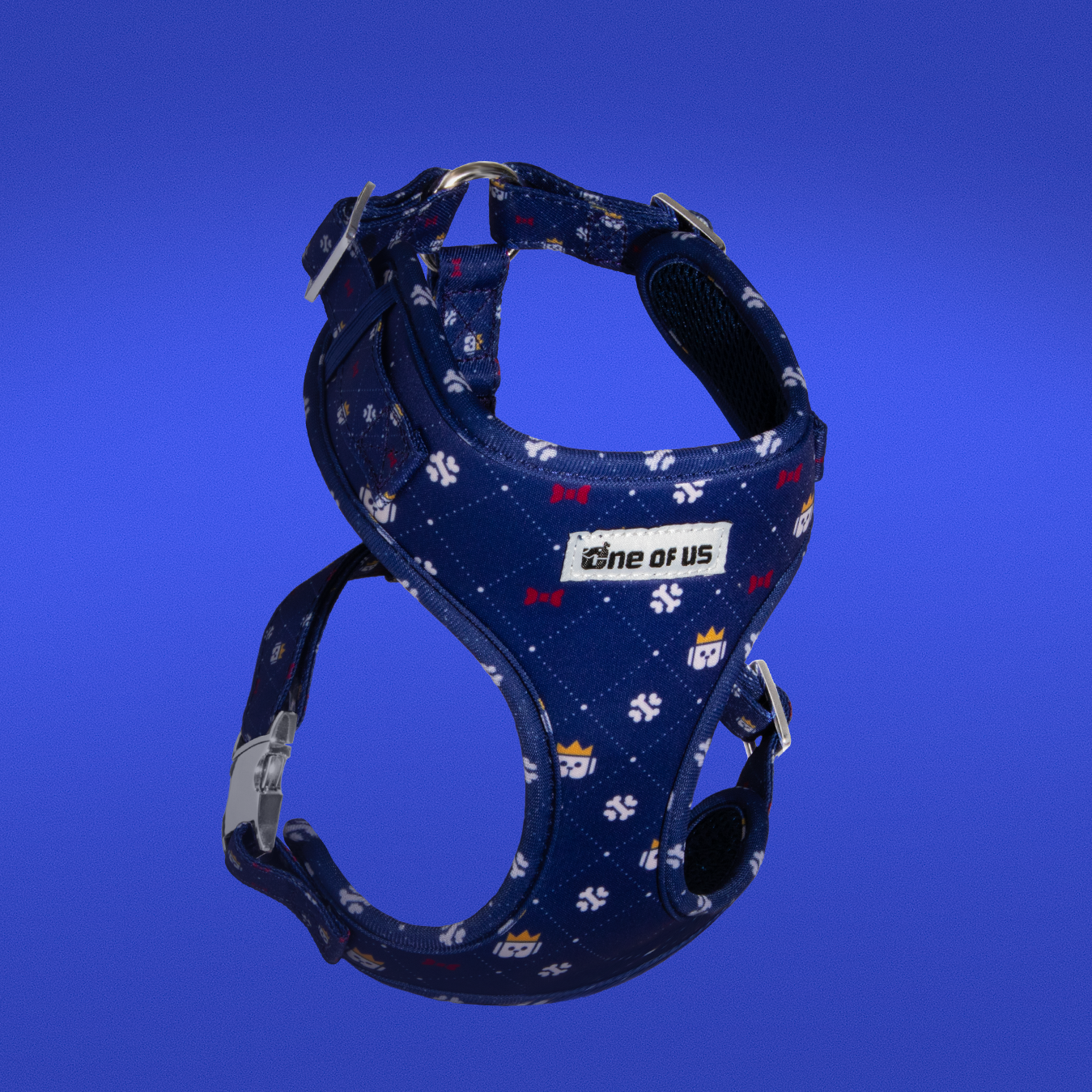 Dapper Dude dog harness in navy with crown print, front view