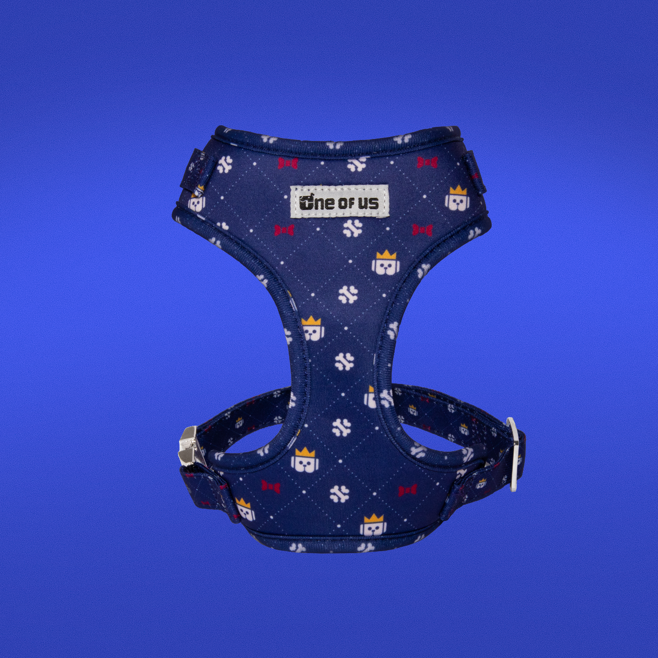 Dapper Dude dog harness detail showing navy crown print and D-ring