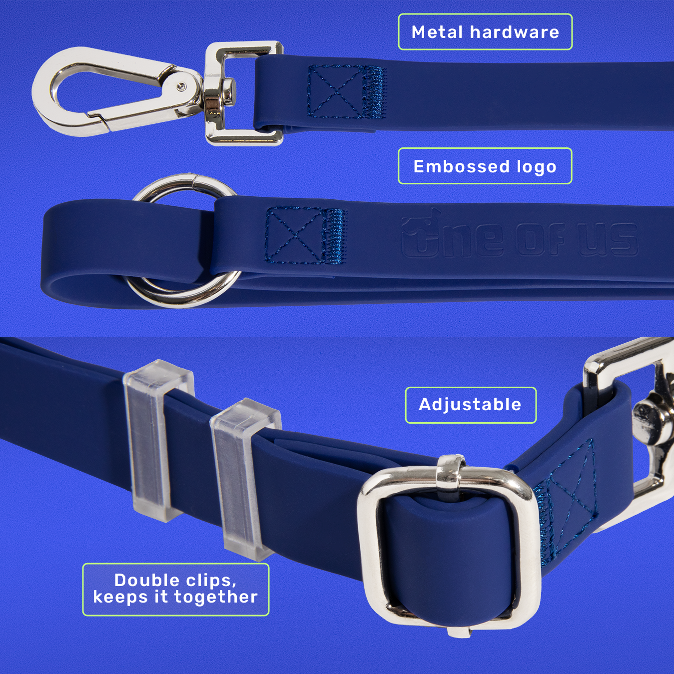 Dapper Dude Every-Way Leash detail showing silver hardware