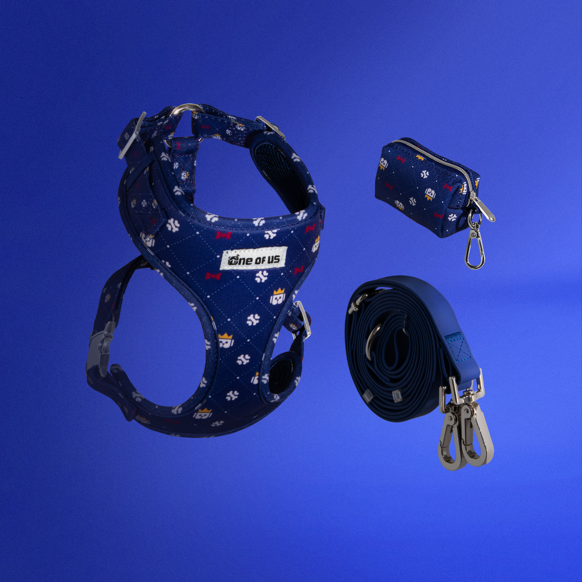 Dapper Dude 3-piece dog walking bundle — harness, waste bag holder and hands-free leash in navy crown print
