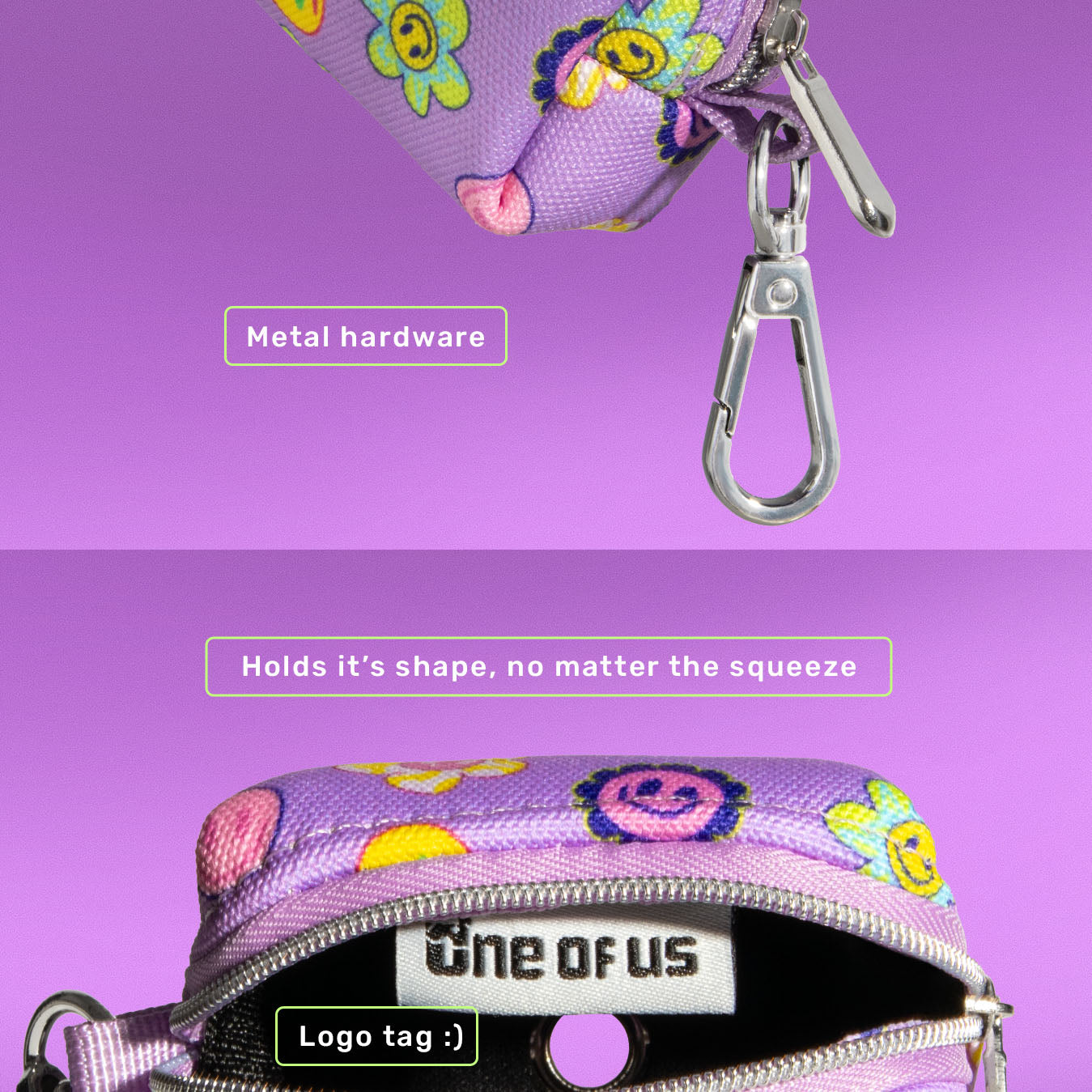 Flower Power waste bag holder in purple with happy-face flower print, side view