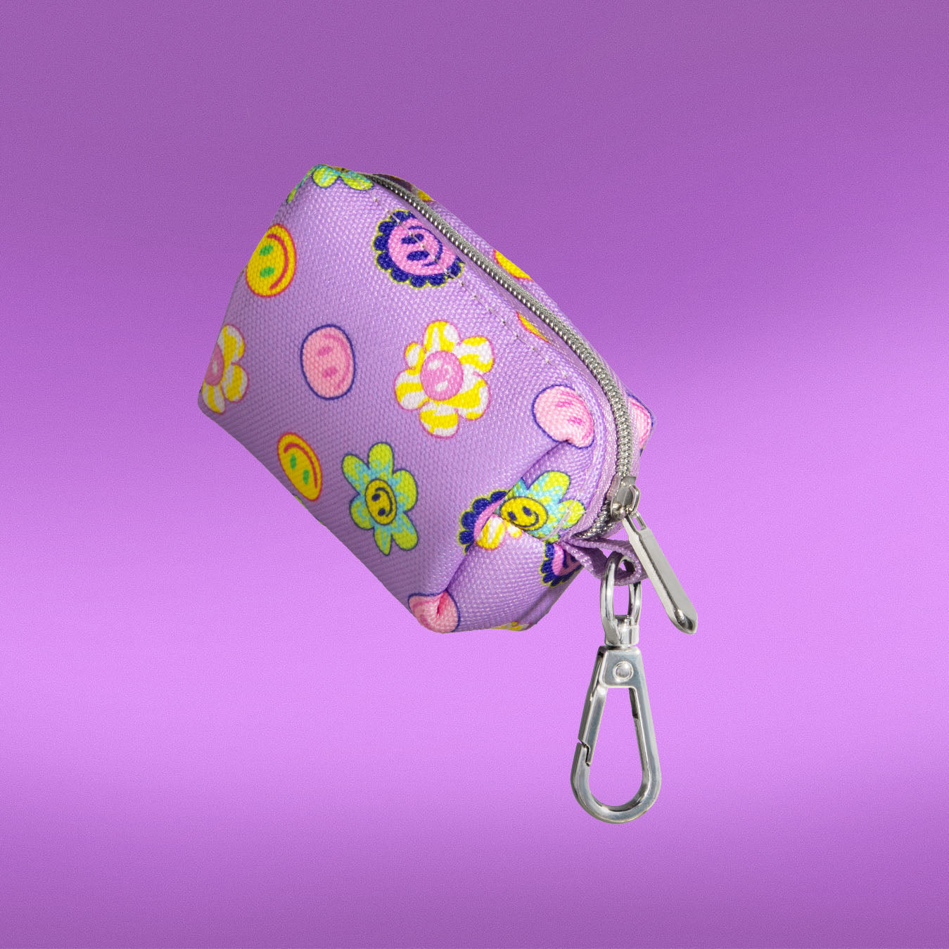Flower Power waste bag holder in purple floral print, front view