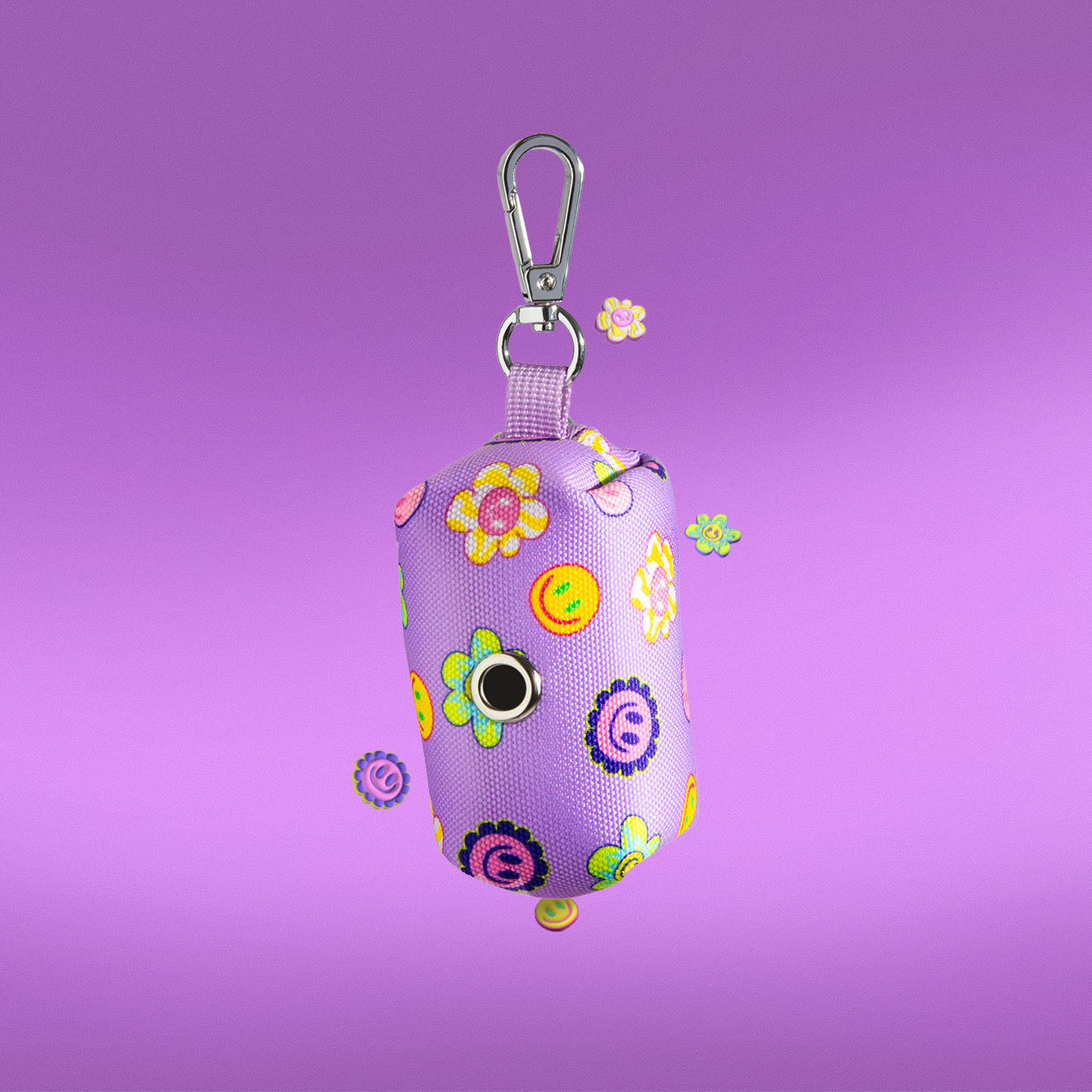 Flower Power waste bag holder open showing interior and zip closure