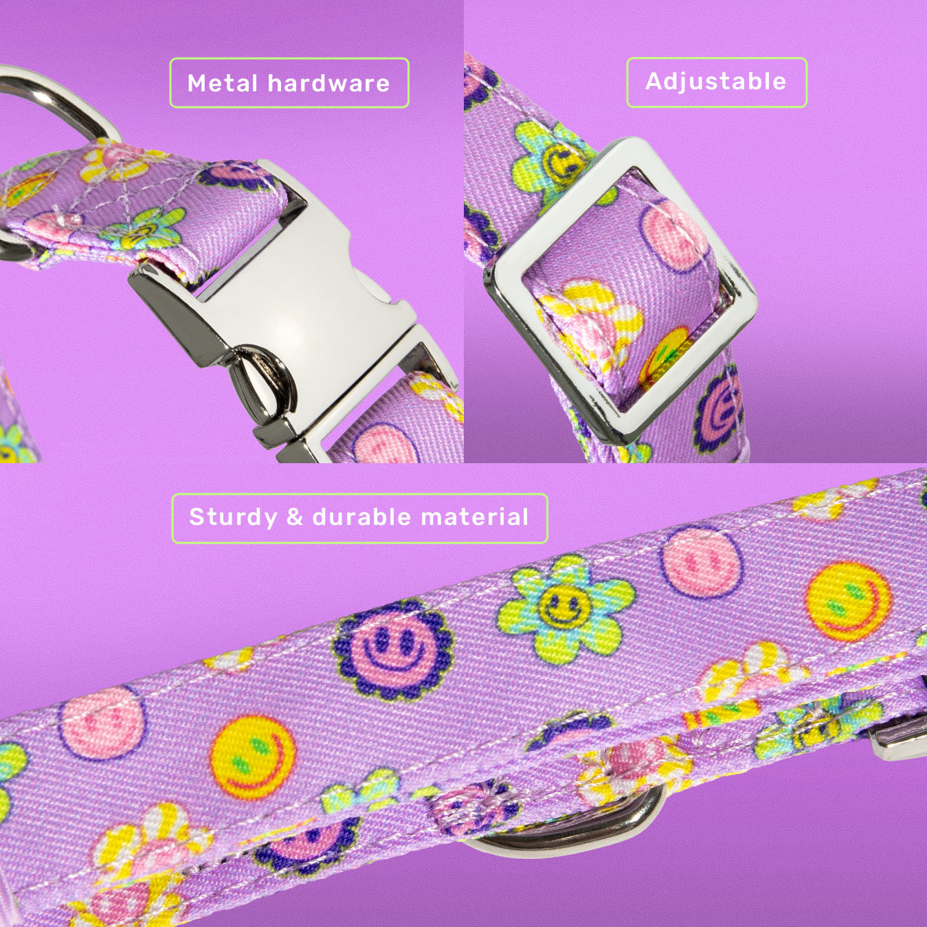 Flower Power dog collar detail showing purple happy-face flower print