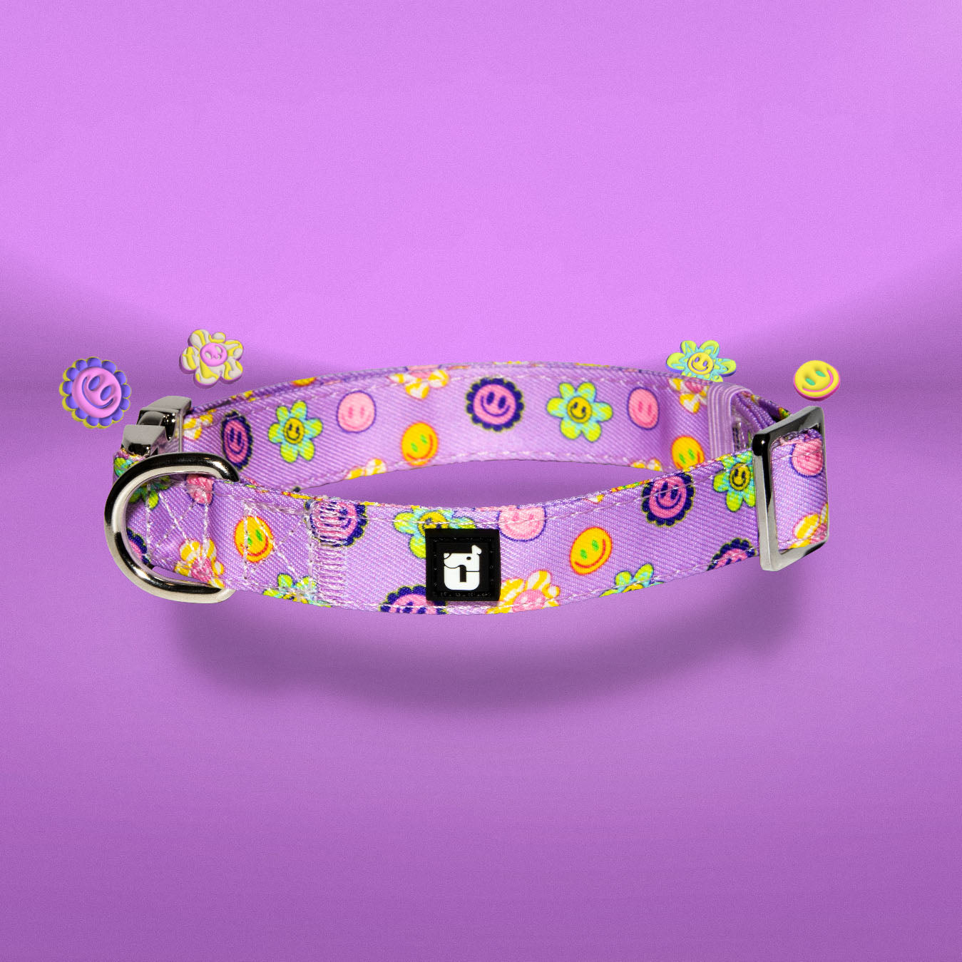 Flower Power dog collar showing One of Us logo hardware
