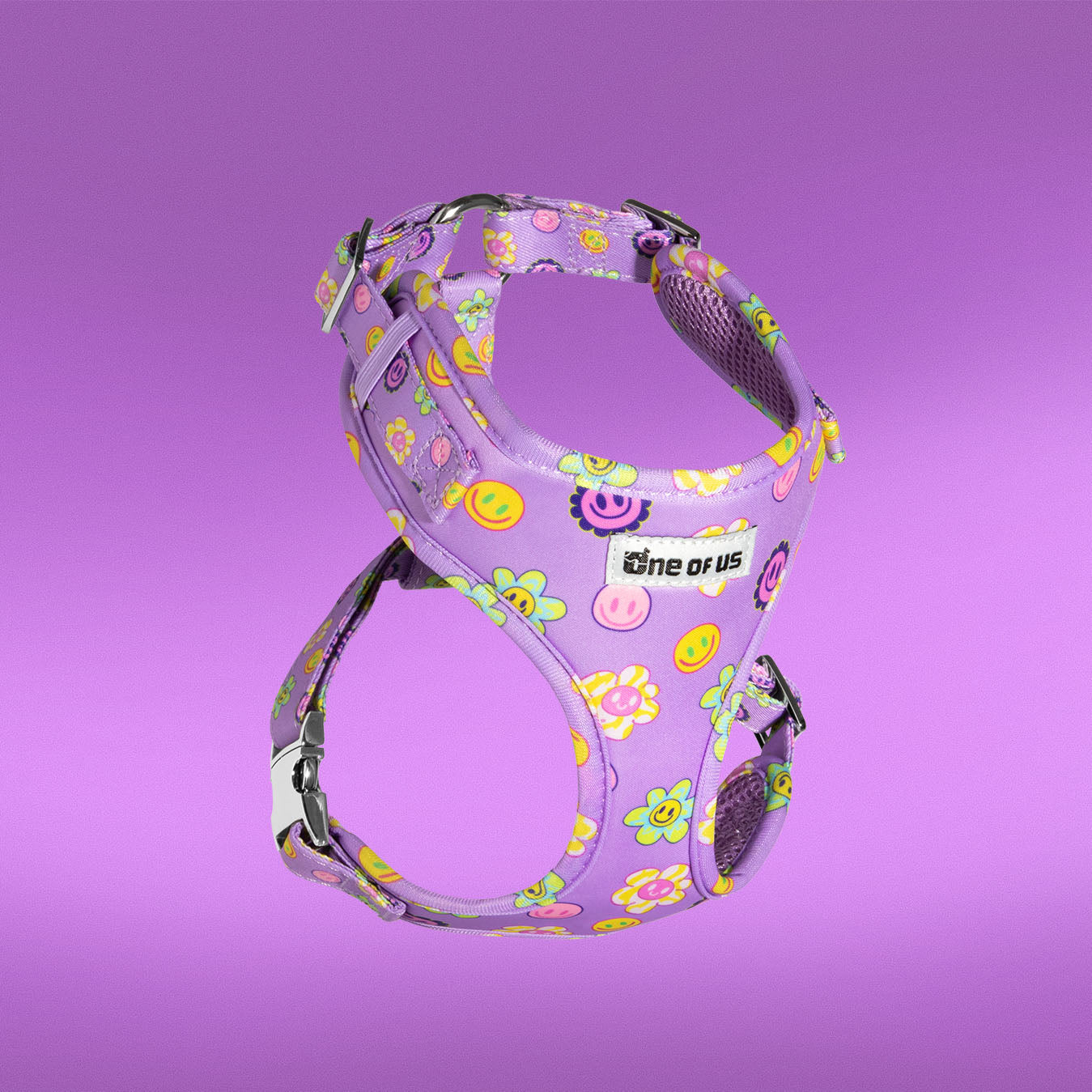 Flower Power dog harness in purple with happy-face floral print, front view