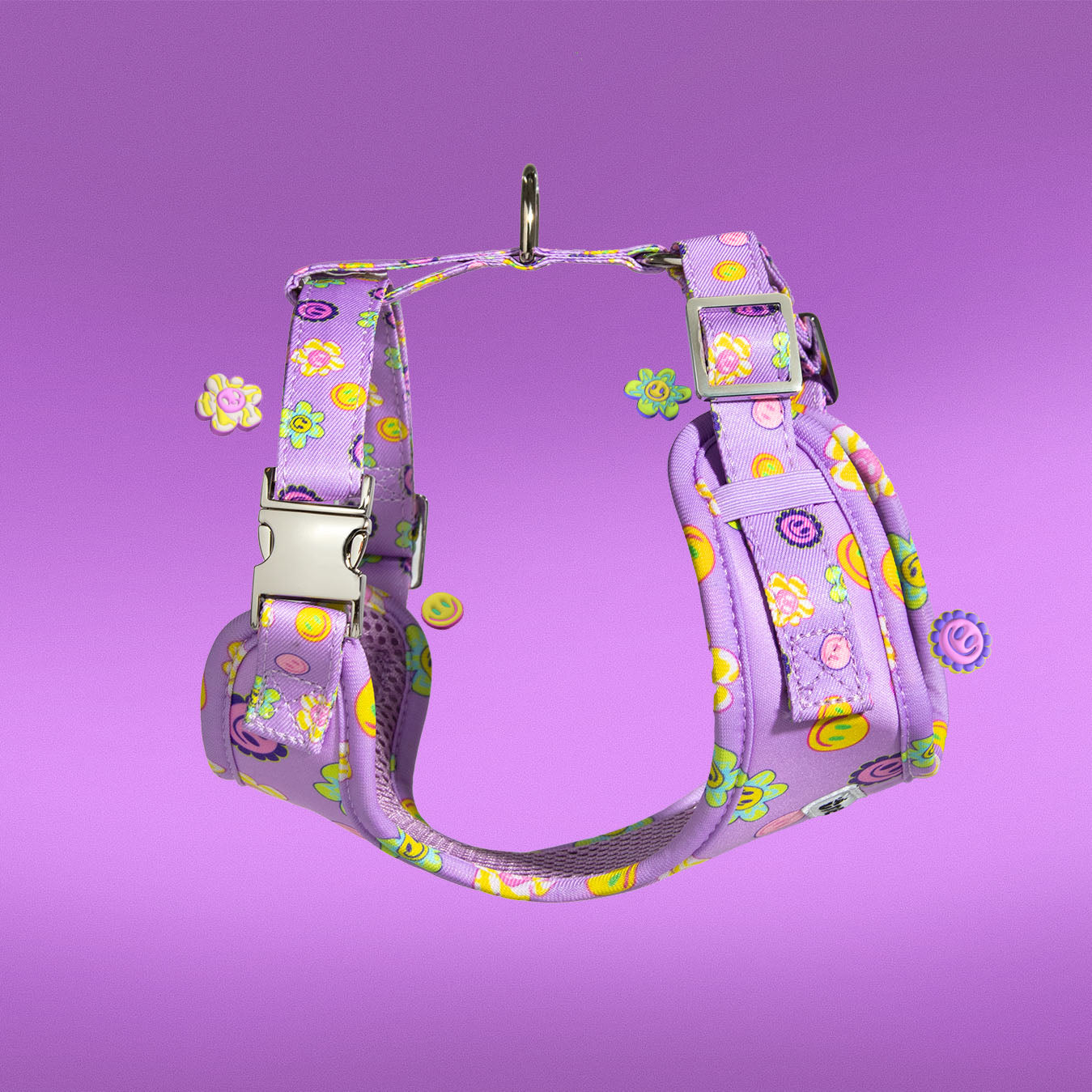 Flower Power dog harness showing adjustable chest strap and hardware