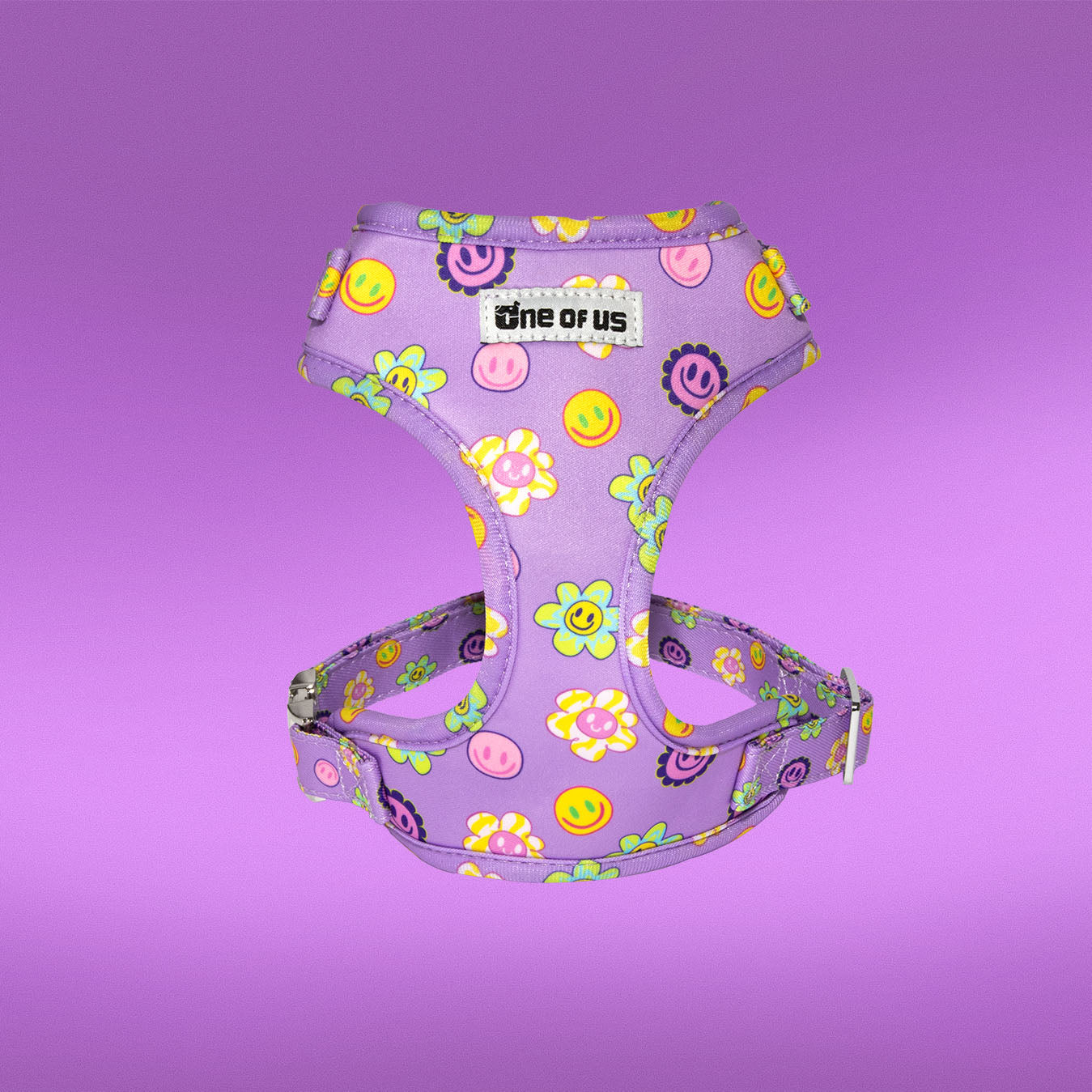 Flower Power dog harness detail showing purple floral print and D-ring
