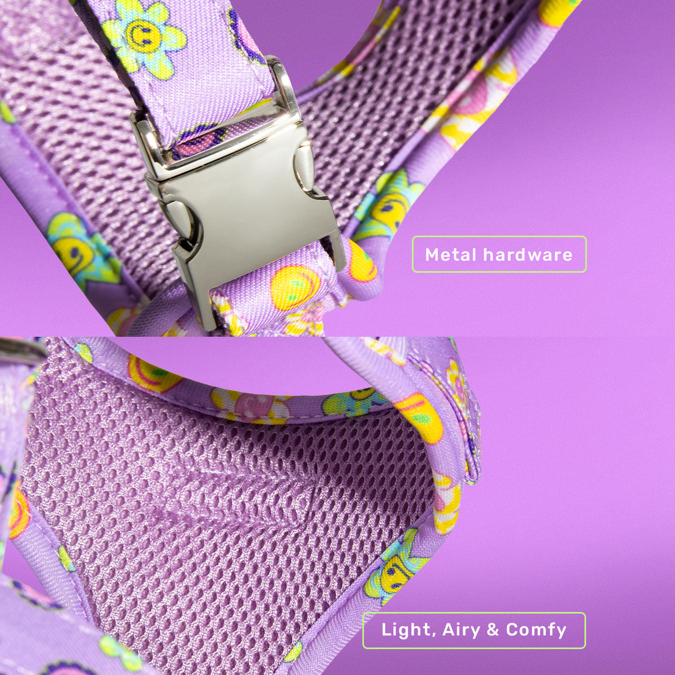Flower Power dog harness laid flat showing full design and buckles
