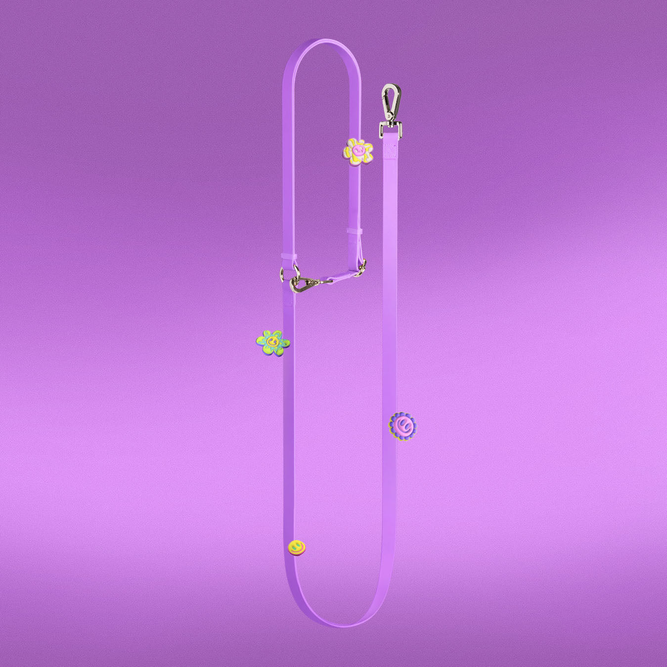 Flower Power every-way leash in purple with happy-face flower print, full length