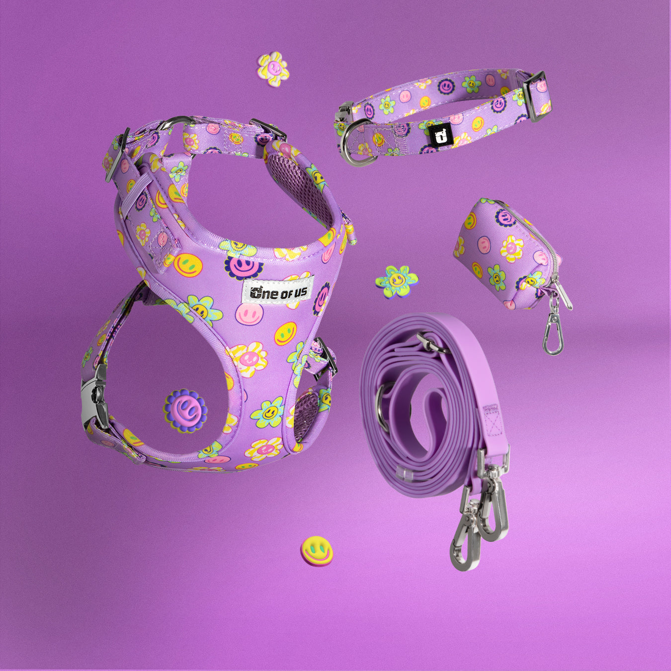 Complete Flower Power 4-piece dog walking set in purple floral print laid flat