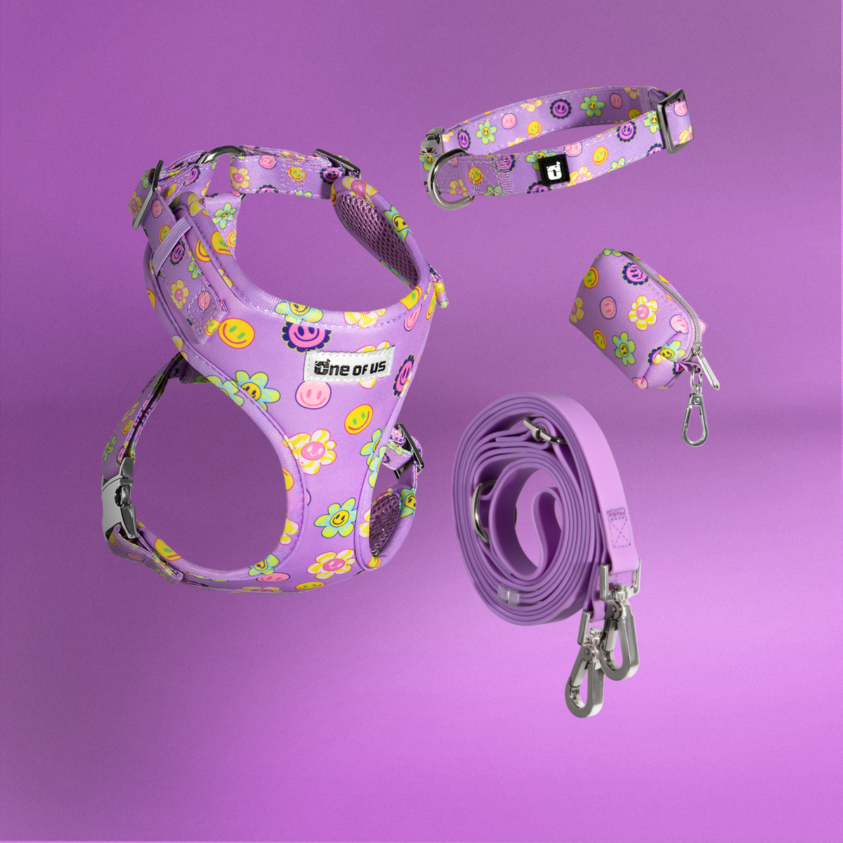 Flower Power 4-piece dog walking set in purple floral print — harness, collar, hands-free leash and waste bag holder