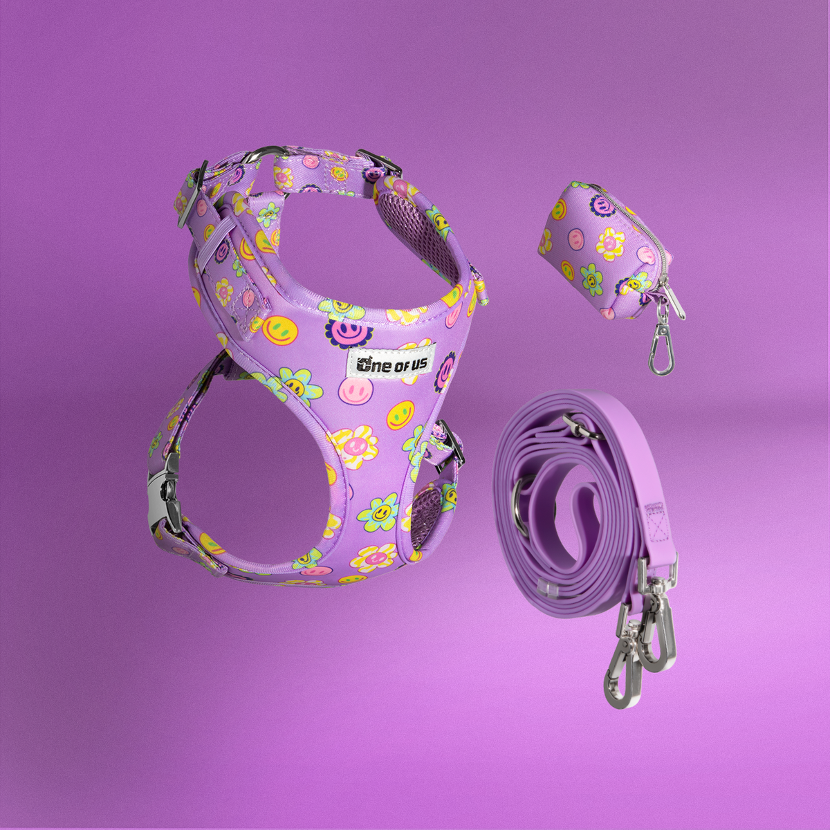 Flower Power 3-piece dog walking bundle — harness, waste bag holder and hands-free leash in purple floral print