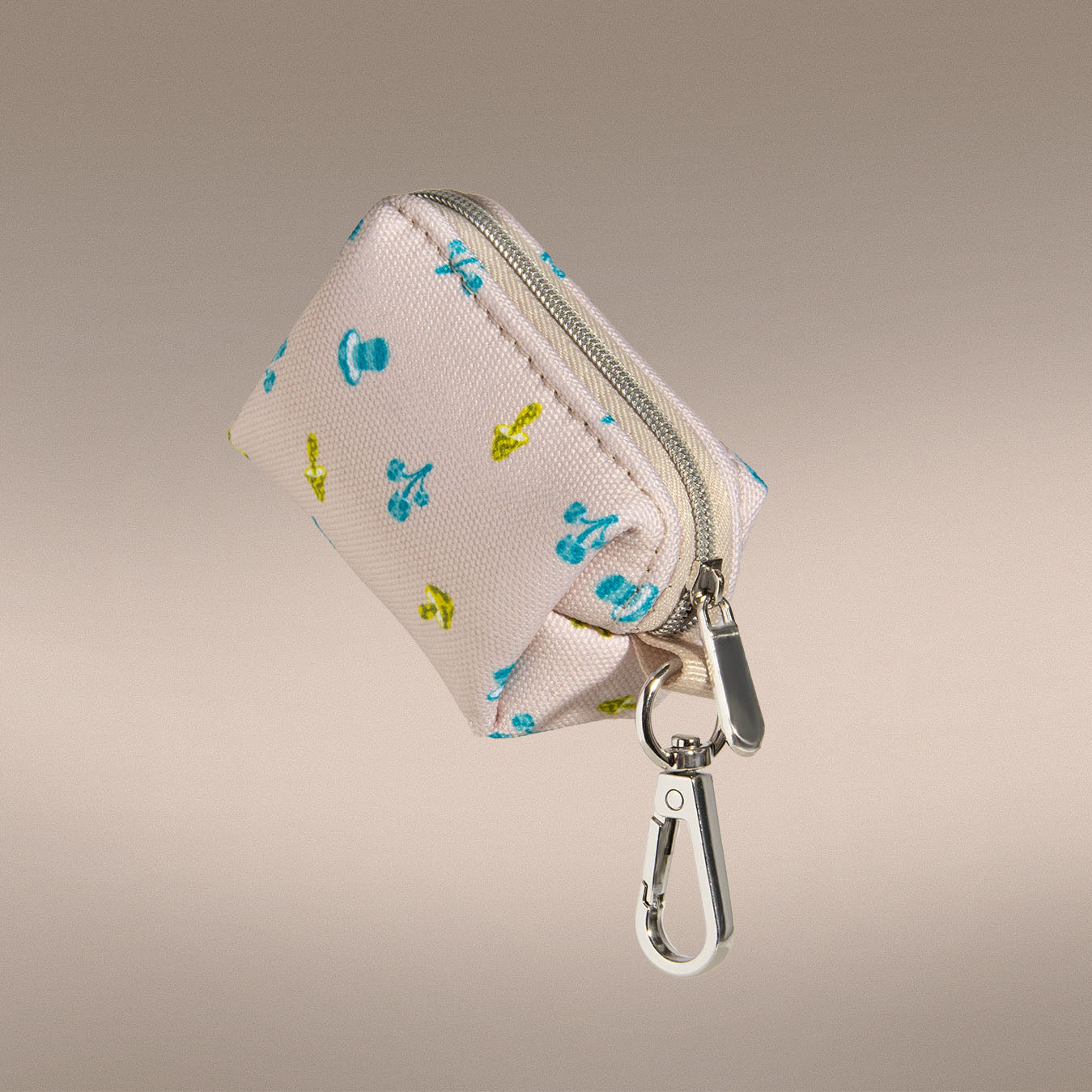 Mini Mushies waste bag holder in beige mushroom print with zip closure | One of Us