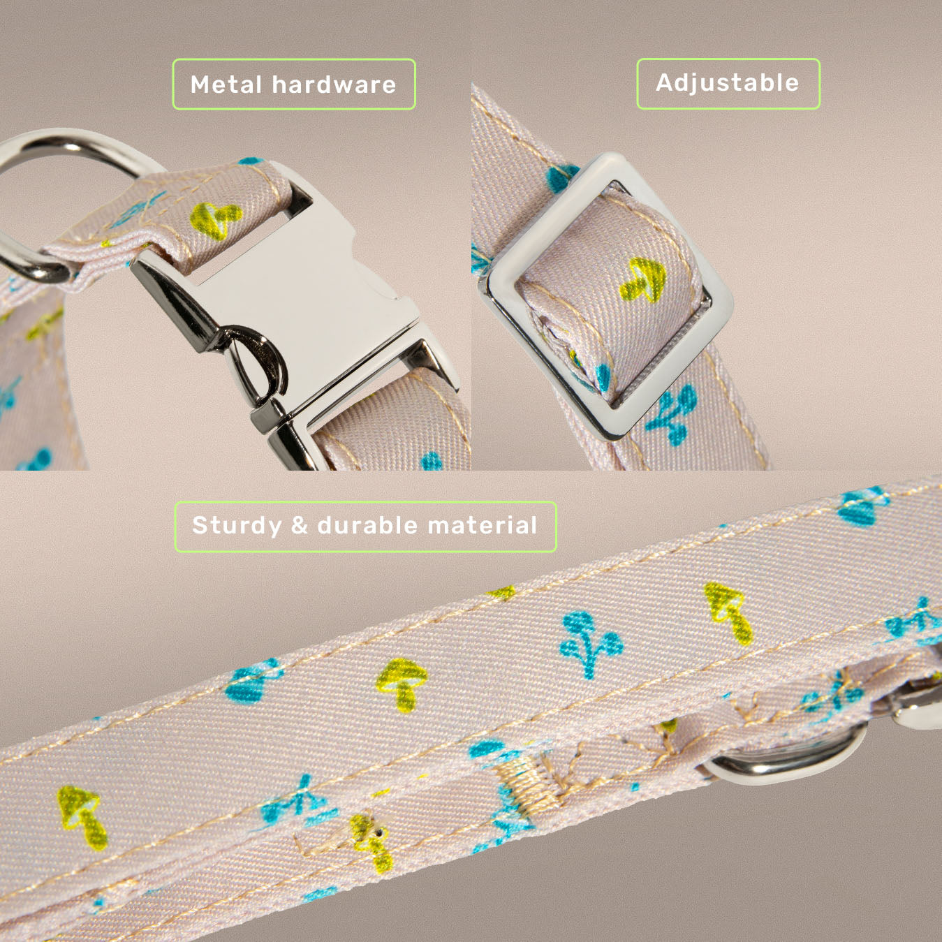 Mini Mushies dog collar close-up showing adjustable buckle and mushroom print detail | One of Us