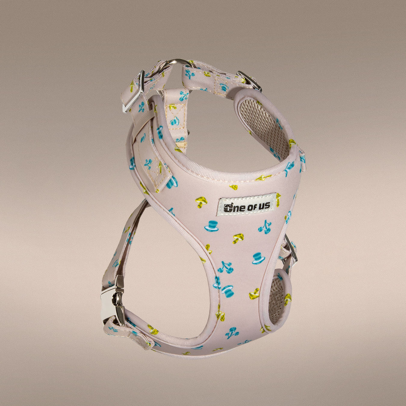 Mini Mushies dog harness in beige mushroom print, front view | One of Us