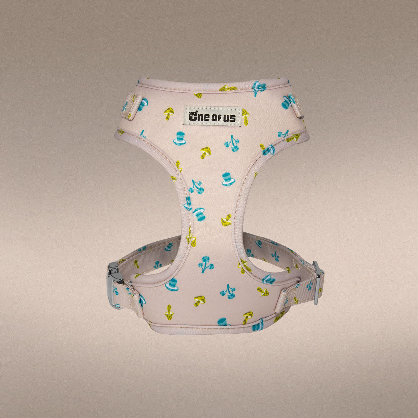 Mini Mushies harness detail from 4 piece walking set in beige mushroom print | One of Us
